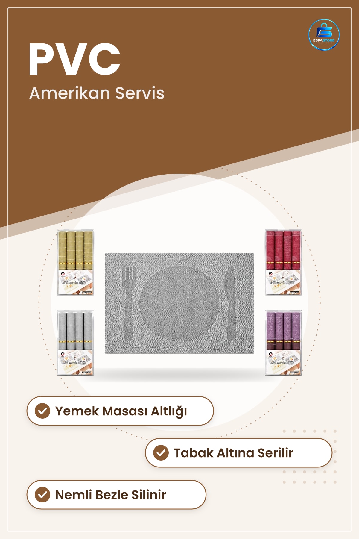 PVC Amerikan Servis 4'lü Sofra Masa Altlığı Runner Yemek Masası Mutfak Dekoratif Şık Görünüm