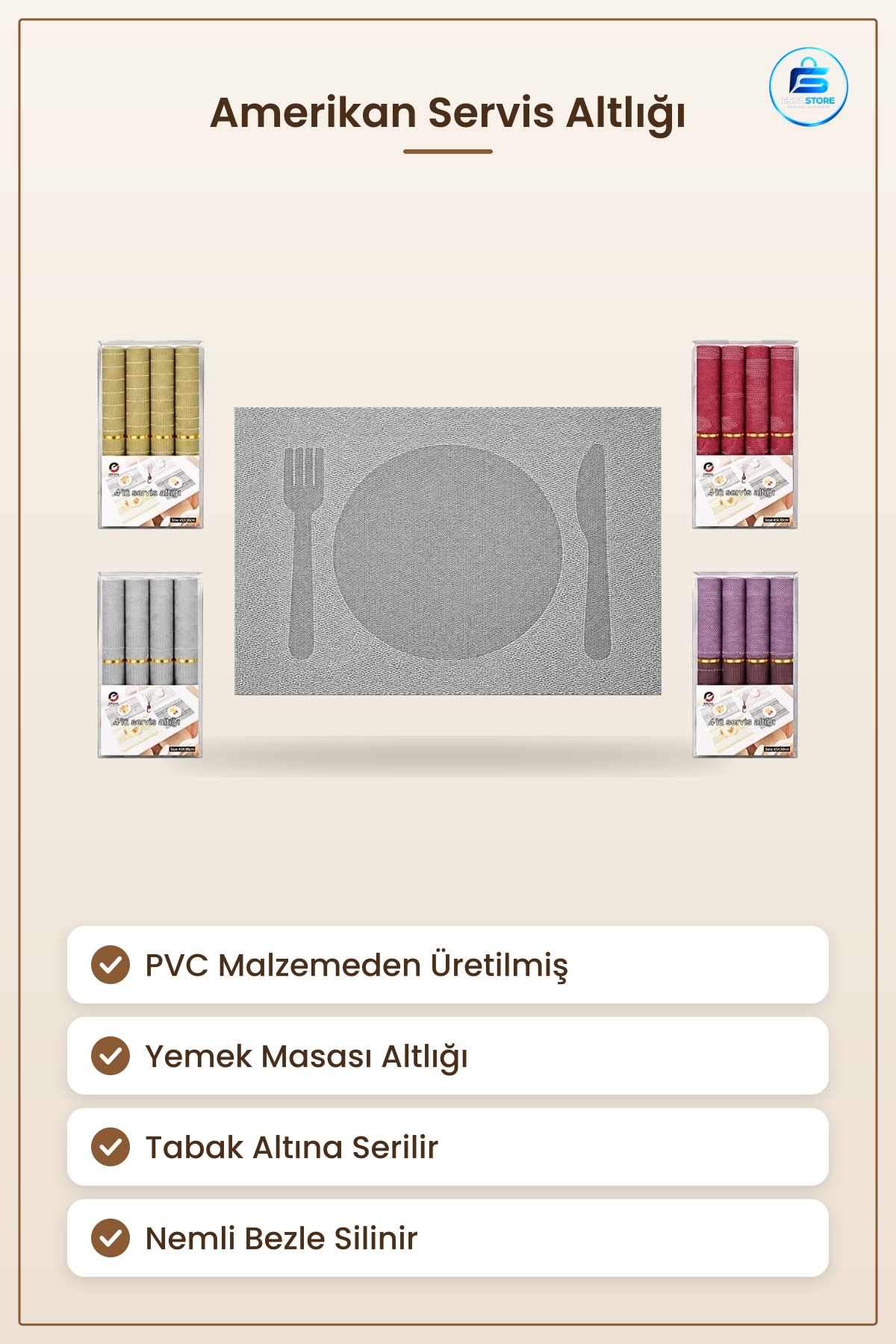 PVC Amerikan Servis 4'lü Sofra Masa Altlığı Runner Yemek Masası Mutfak Dekoratif Şık Görünüm