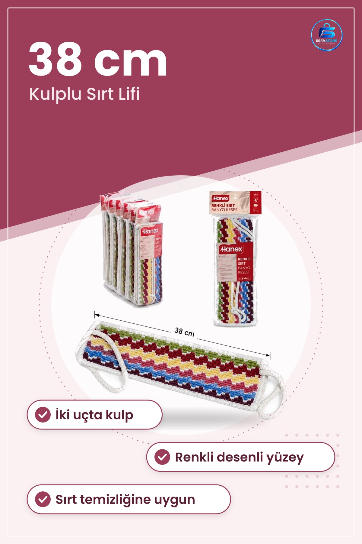 Renkli Banyo Lifi Kesesi 38 cm Kulplu Sırt Temizleme Süngeri Duş Aksesuarı Desenli Dekoratif