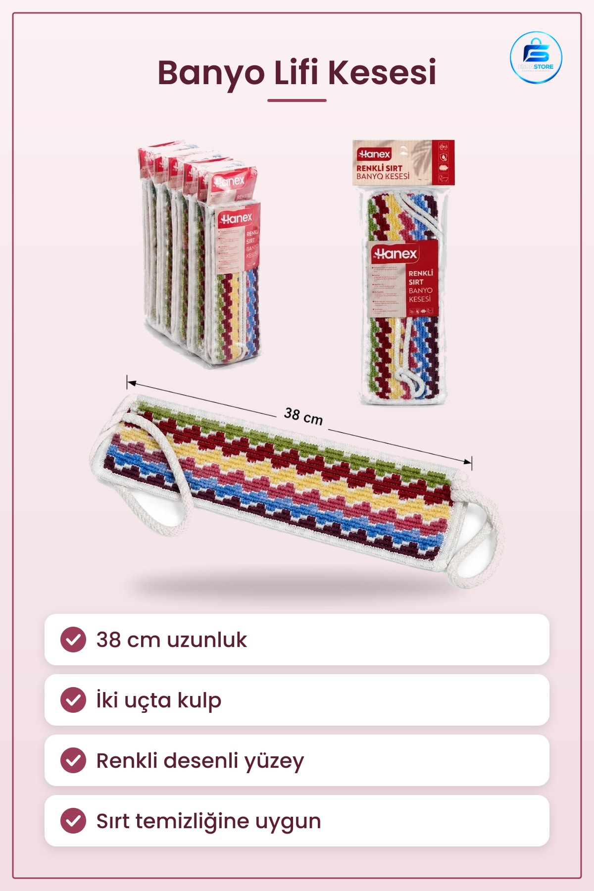Renkli Banyo Lifi Kesesi 38 cm Kulplu Sırt Temizleme Süngeri Duş Aksesuarı Desenli Dekoratif
