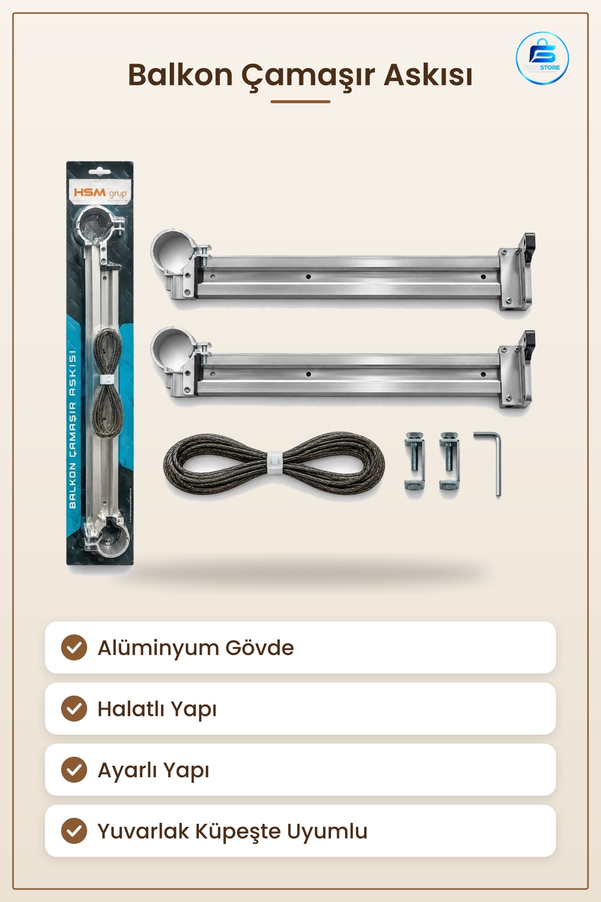 Yuvarlak Küpeşte Balkon Çamaşır Askısı Ayarlı Kurutma Halatlı Algüminyum Korkuluk Aparatı