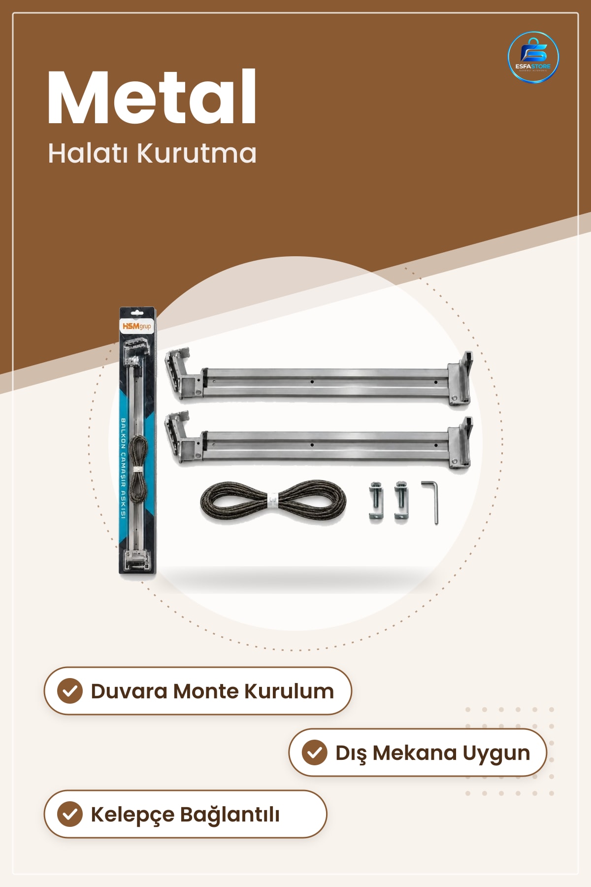 Balkon Çamaşır Askısı Duvara Monte Metal Halatlı Kurutma Seti Dış Mekan Kullanımına Uygun