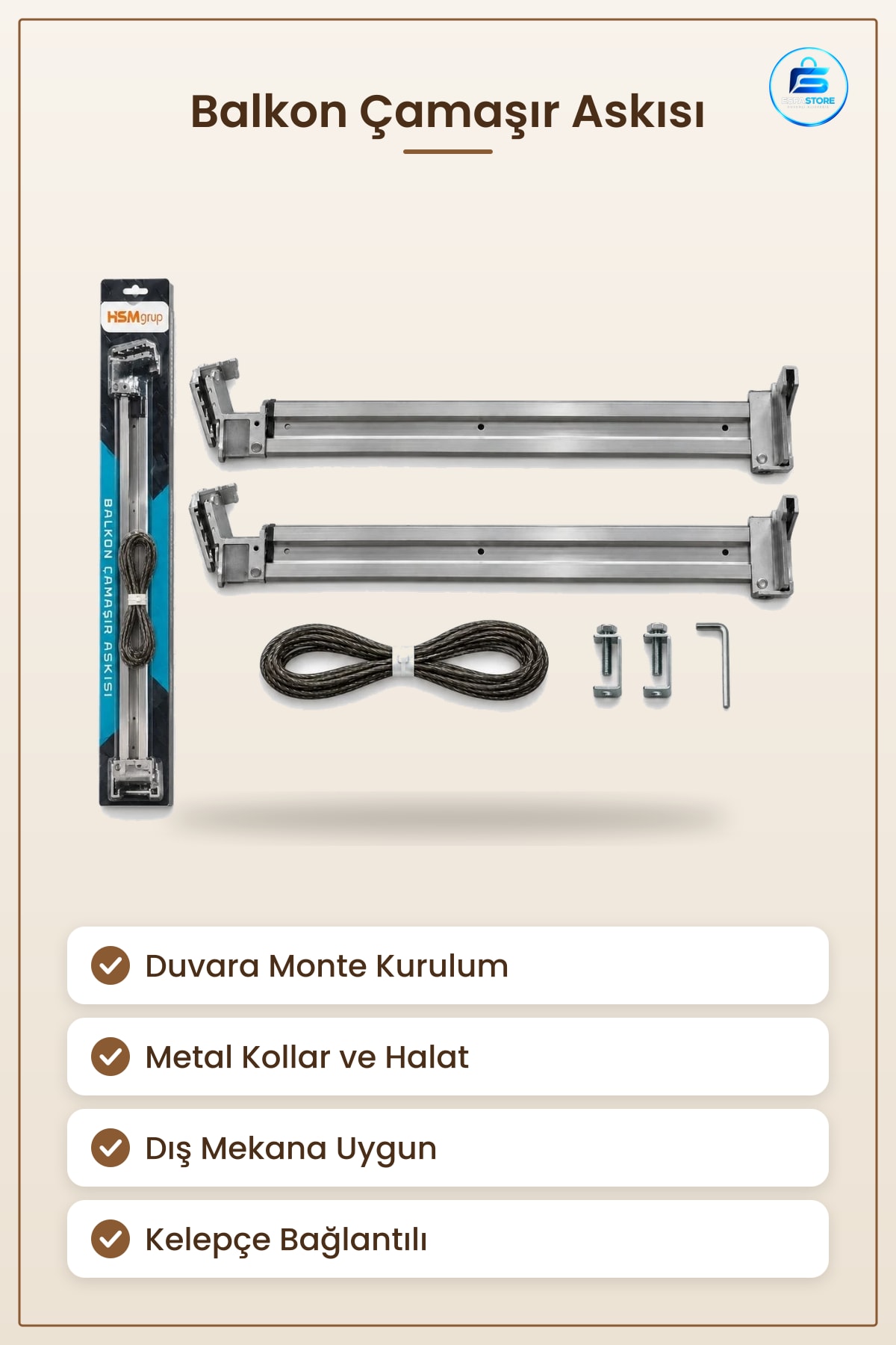 Balkon Çamaşır Askısı Duvara Monte Metal Halatlı Kurutma Seti Dış Mekan Kullanımına Uygun