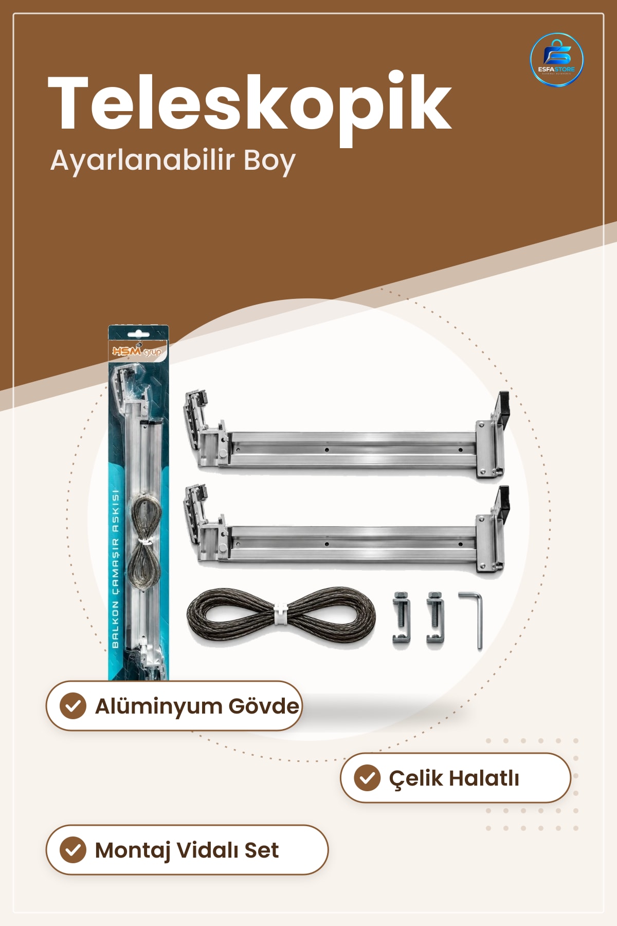 Balkon Çamaşır Askası Teleskopik Çelik Halatlı Algüminyum Metal Kurutma Ev Askı Seti