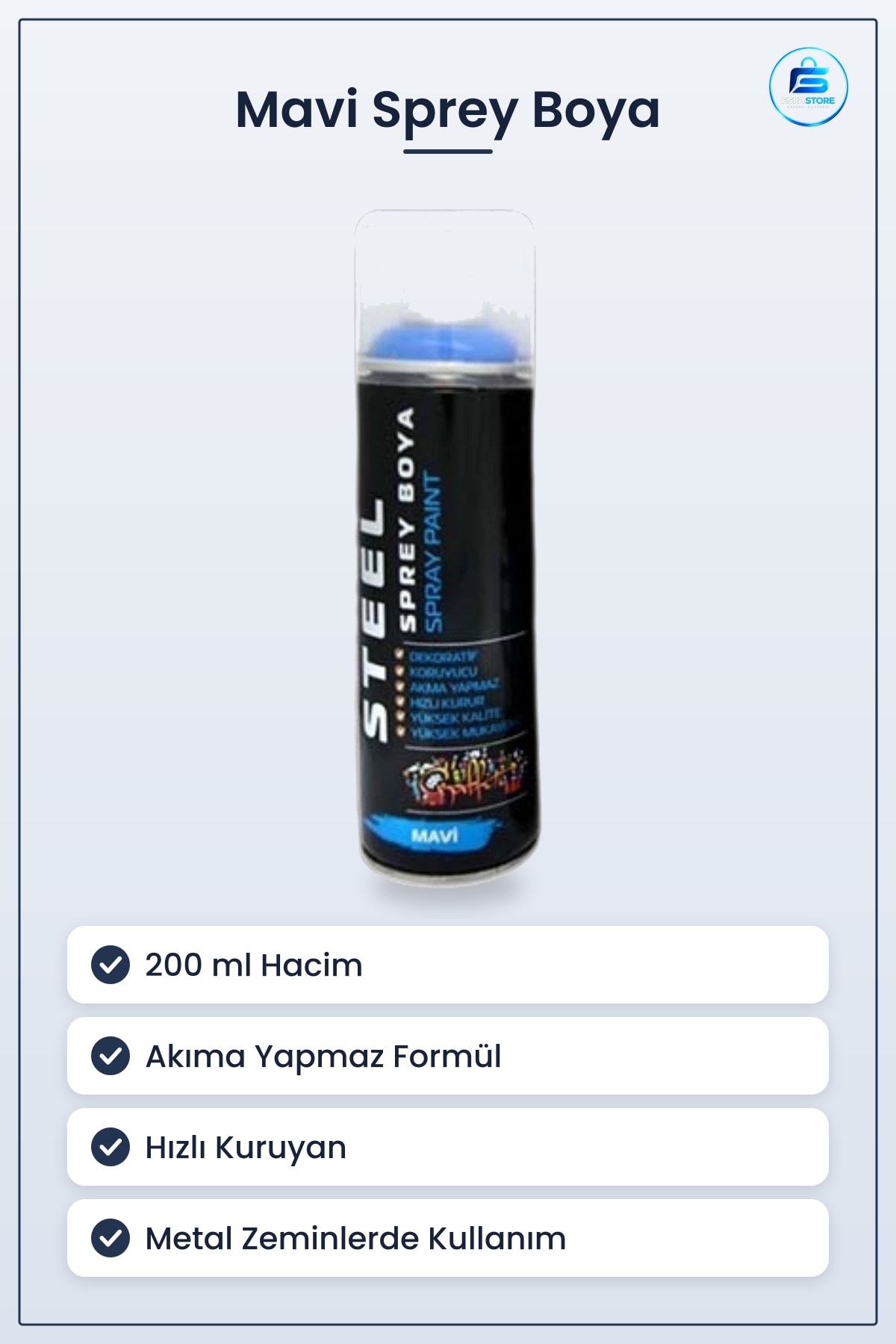 Mavi Sprey Boya 200 ml Dekoratif Koruyucu Akma Yapmaz Hızlı Kuruyan Metal Yüzeyler İçin