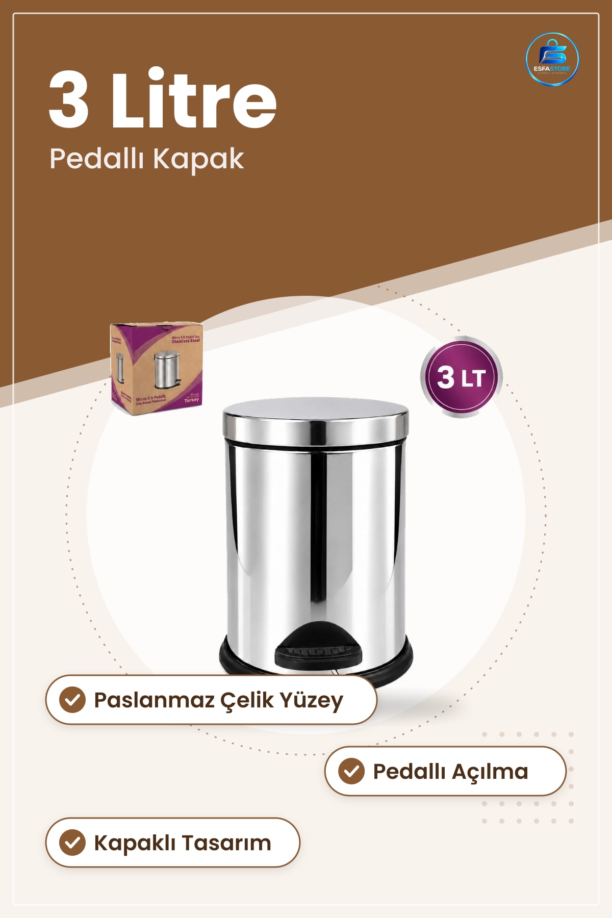 Çöp Kovası 3 L Metal Pedallı Paslanmaz Çelik Kapaklı Mutfak Banyo Ofis Hijyenik Kullanım