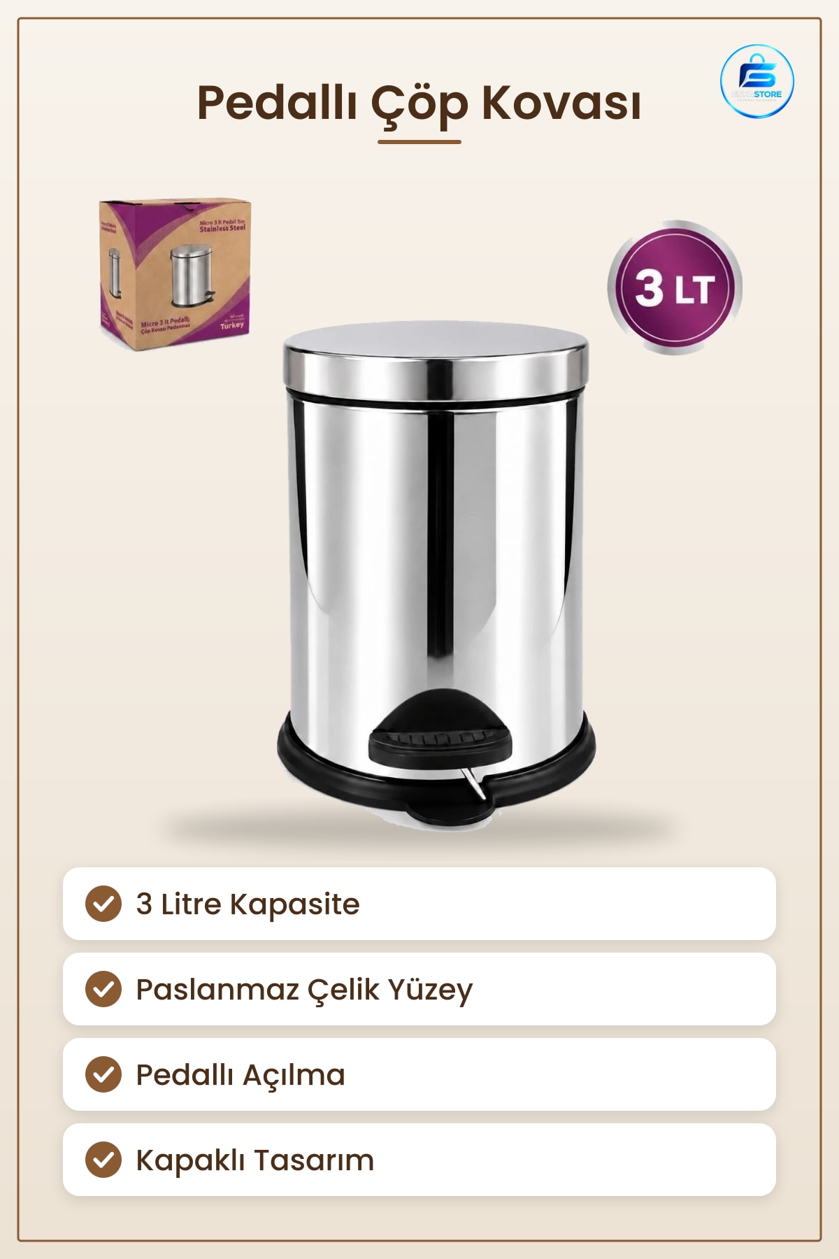 Çöp Kovası 3 L Metal Pedallı Paslanmaz Çelik Kapaklı Mutfak Banyo Ofis Hijyenik Kullanım