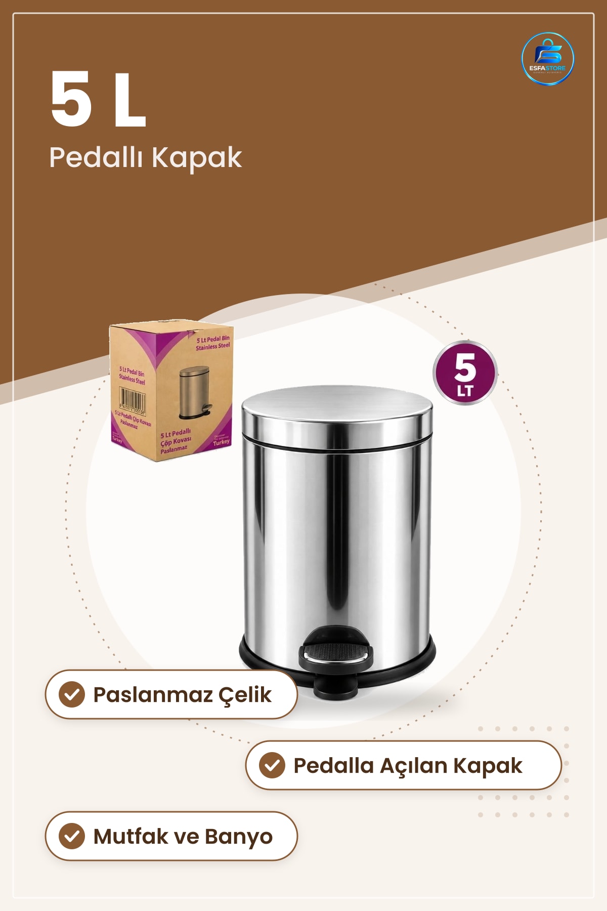 Pedallı Metal Çöp Kovası 5 L Paslanmaz Çelik Kapaklı Mutfak Banyo Ev Ofis İçin Uygun