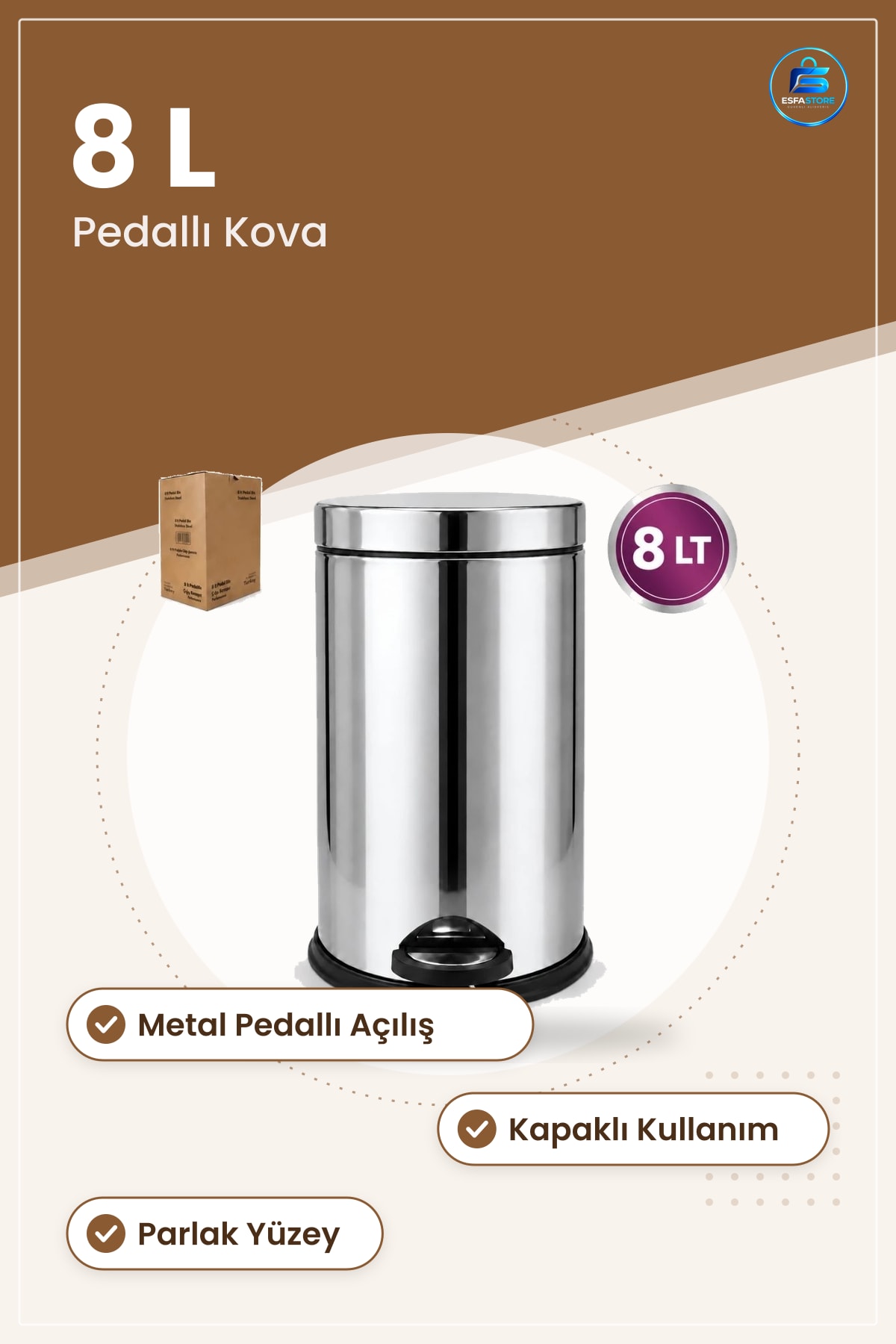 Çöp Kovası 8 L Metal Pedallı Paslanmaz Çelik Kapaklı Mutfak Banyo Ev Ofis Parlak Yüzeyli