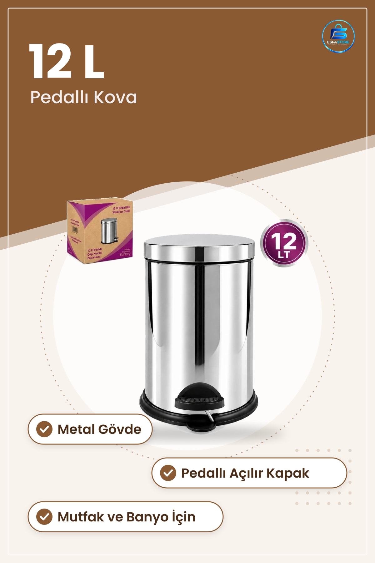 Çöp Kovası 12 L Metal Pedallı Açılır Kapanır Kapaklı Paslanmaz Mutfak Banyo Ev Kullanımı