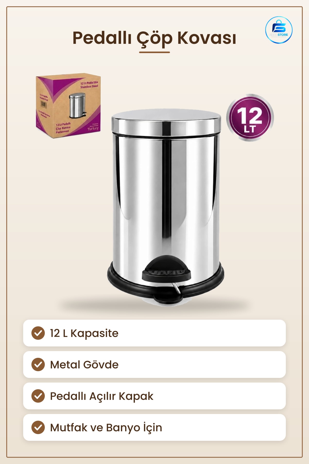 Çöp Kovası 12 L Metal Pedallı Açılır Kapanır Kapaklı Paslanmaz Mutfak Banyo Ev Kullanımı