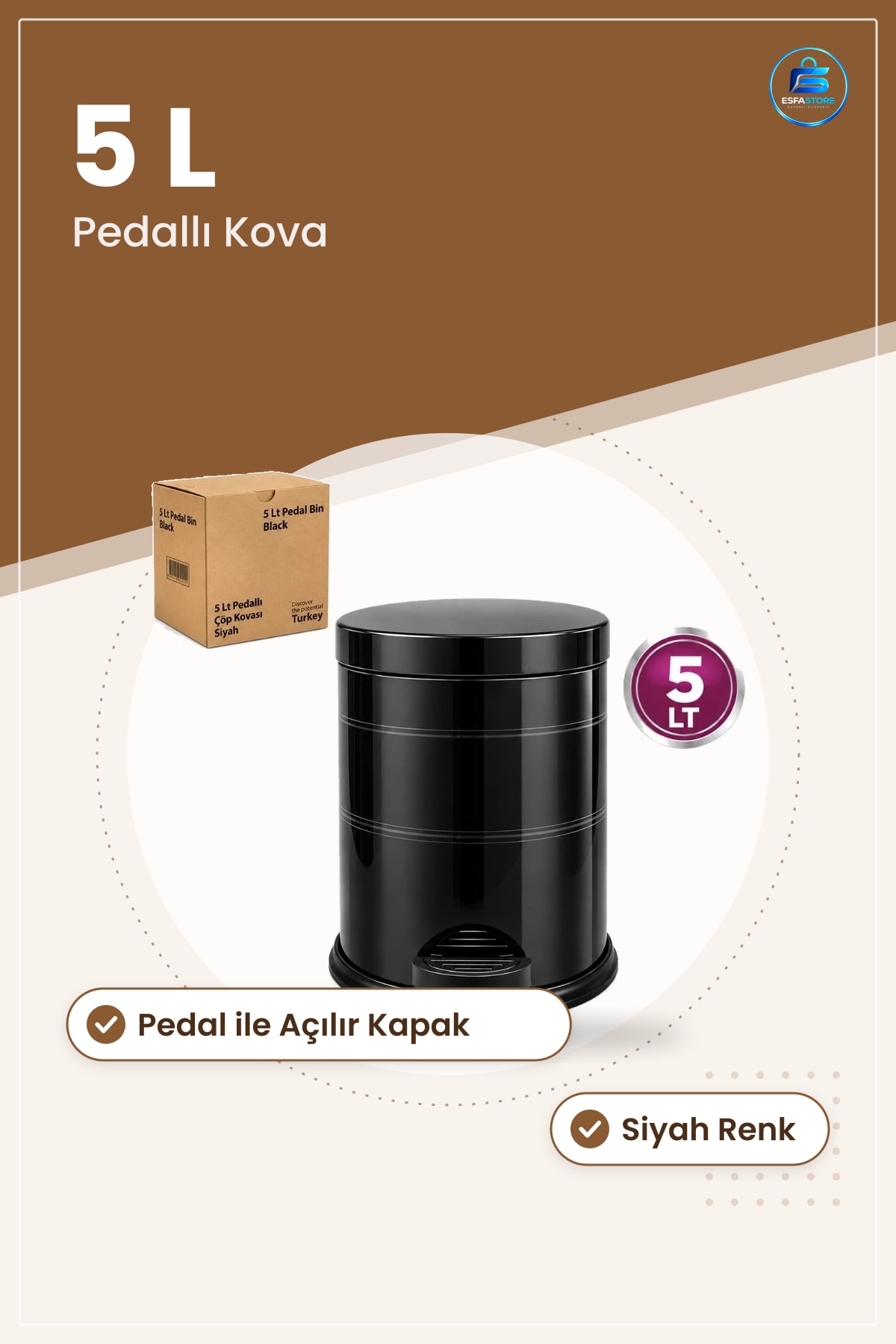 Çöp Kovası Pedallı 5 L Siyah Paslanmaz Metal Mikro Kapaklı Banyo Mutfak Ofis Ev Sepeti Temizlik