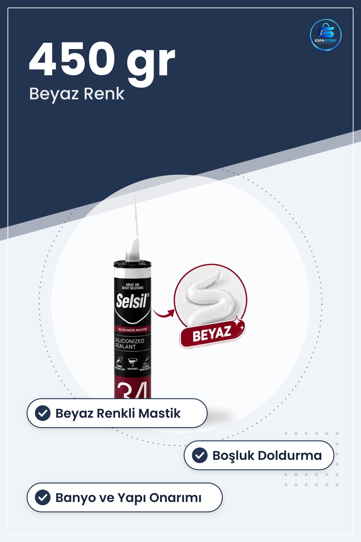 Beyaz Silikon Mastik 450 gr Banyo ve Yapı Onarım Boşluk Doldurma Sızdırmazlık Macunu