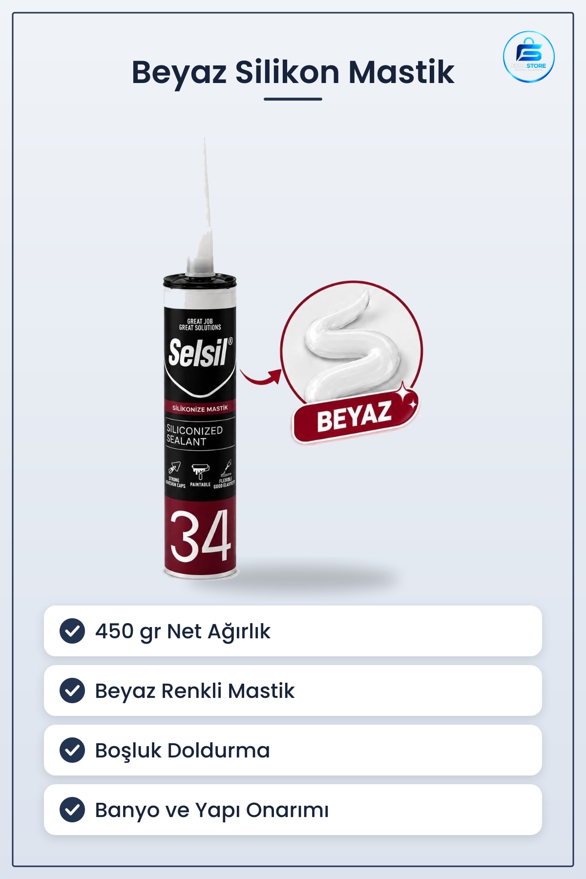 Beyaz Silikon Mastik 450 gr Banyo ve Yapı Onarım Boşluk Doldurma Sızdırmazlık Macunu