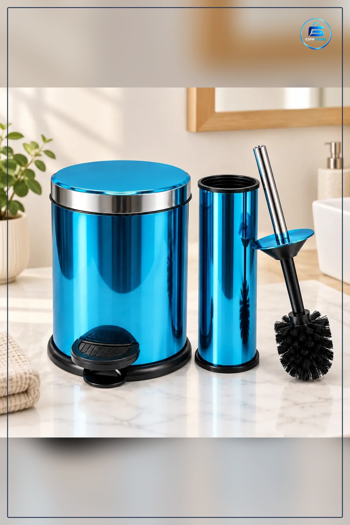 Banyo Seti 2 Parça Mikro Metal Çöp Kovası ve Tuvalet Fırçalığı Pedallı Kapaklı Mavi
