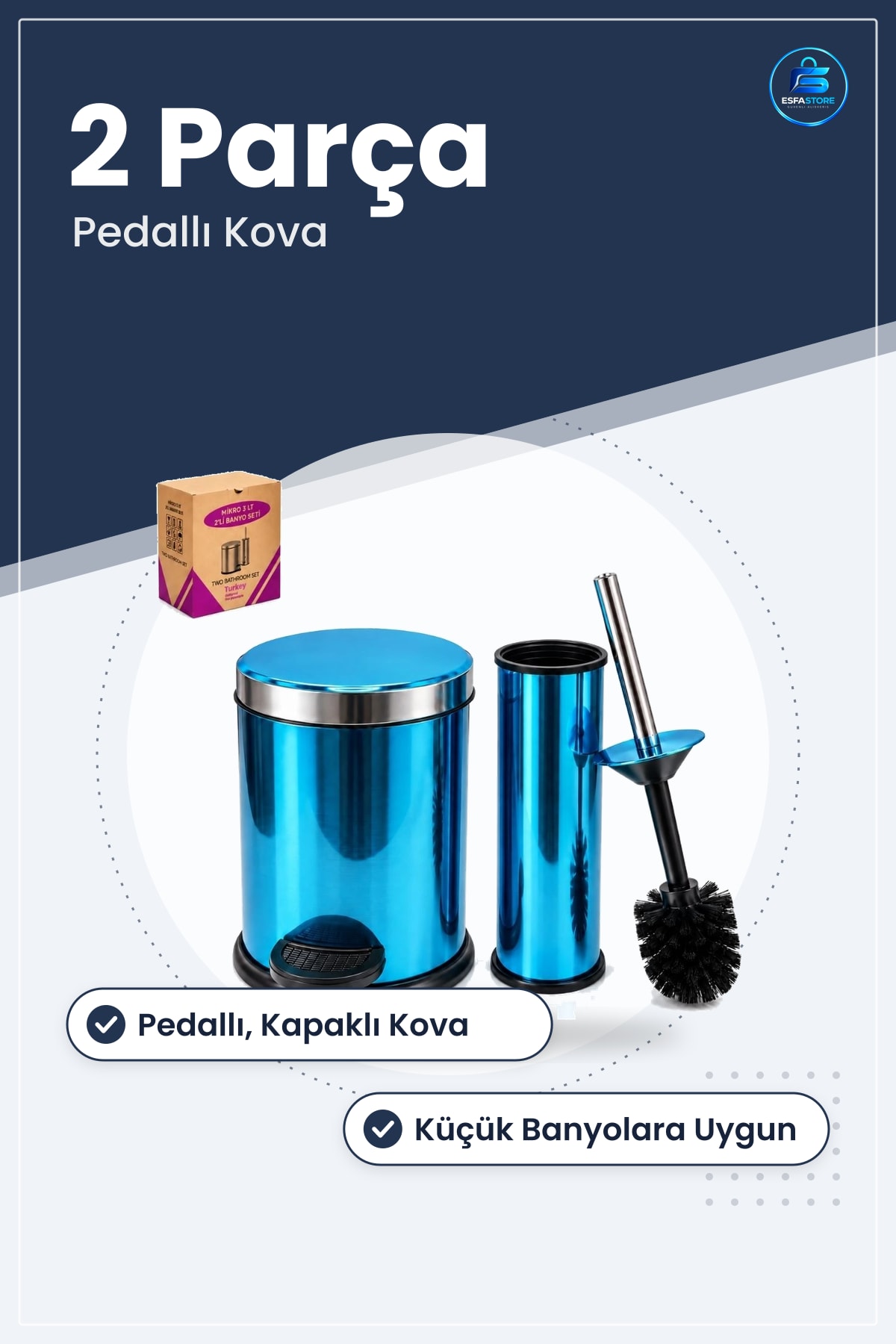 Banyo Seti 2 Parça Mikro Metal Çöp Kovası ve Tuvalet Fırçalığı Pedallı Kapaklı Mavi
