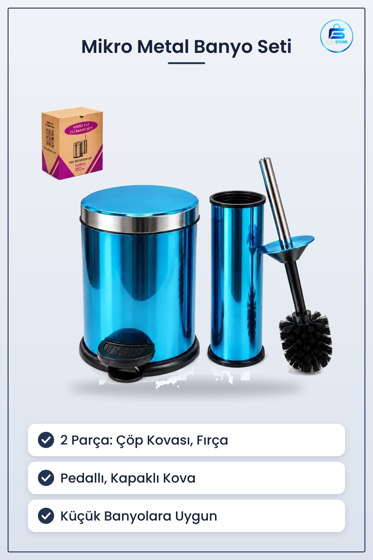 Banyo Seti 2 Parça Mikro Metal Çöp Kovası ve Tuvalet Fırçalığı Pedallı Kapaklı Mavi