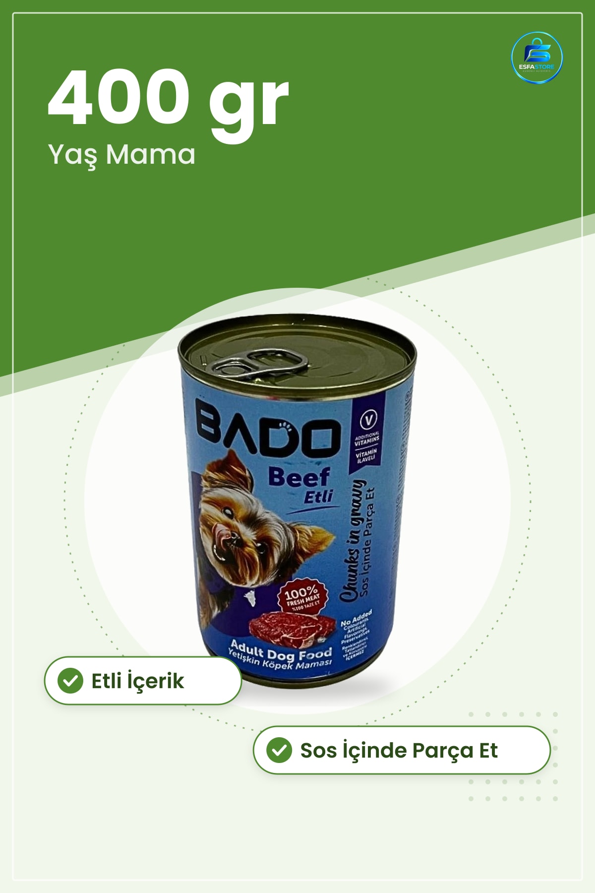 Köpek Konserve Maması Yetişkin Etli Yaş Mama 400 gr Sos İçinde Parça Et Vitaminli