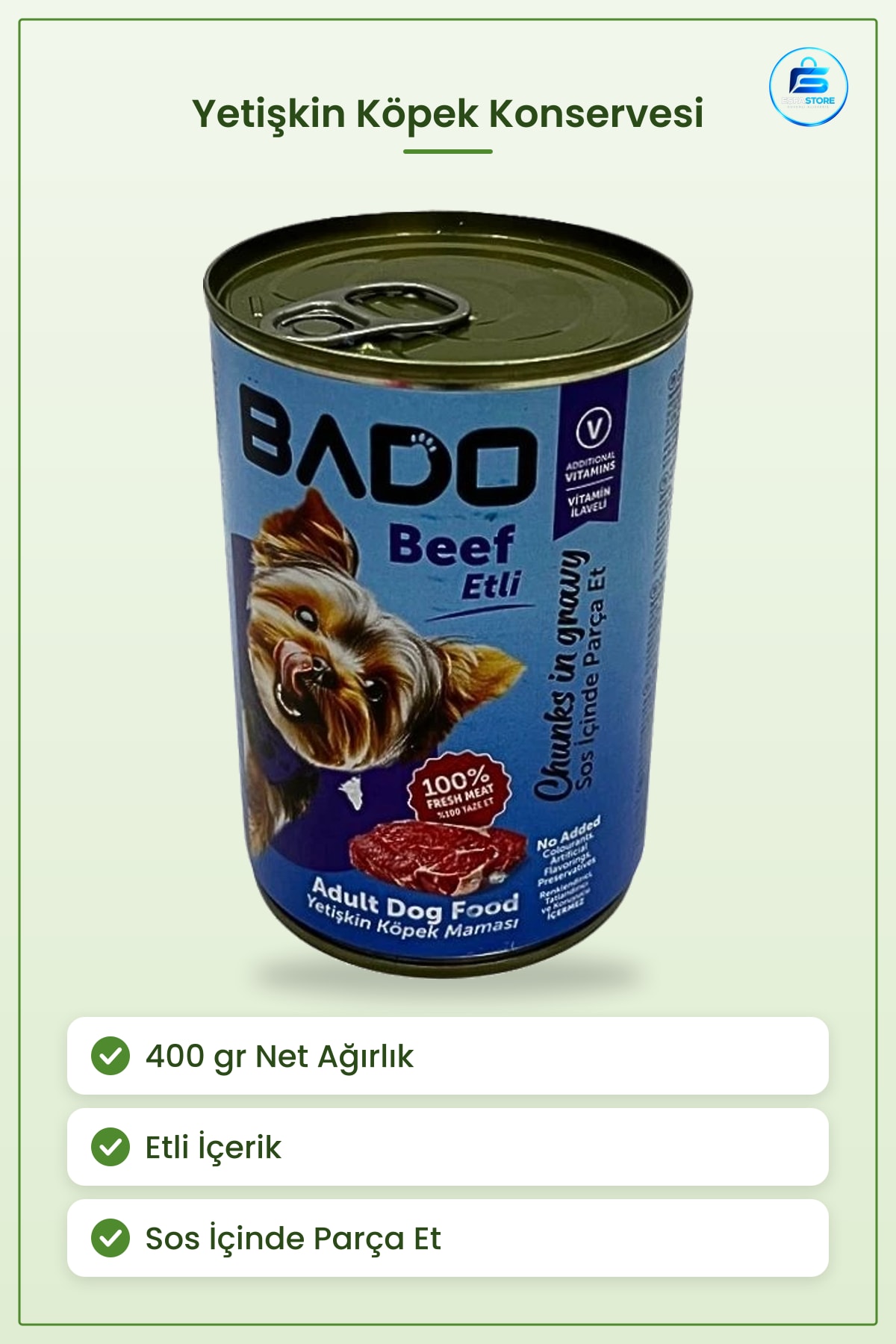 Köpek Konserve Maması Yetişkin Etli Yaş Mama 400 gr Sos İçinde Parça Et Vitaminli
