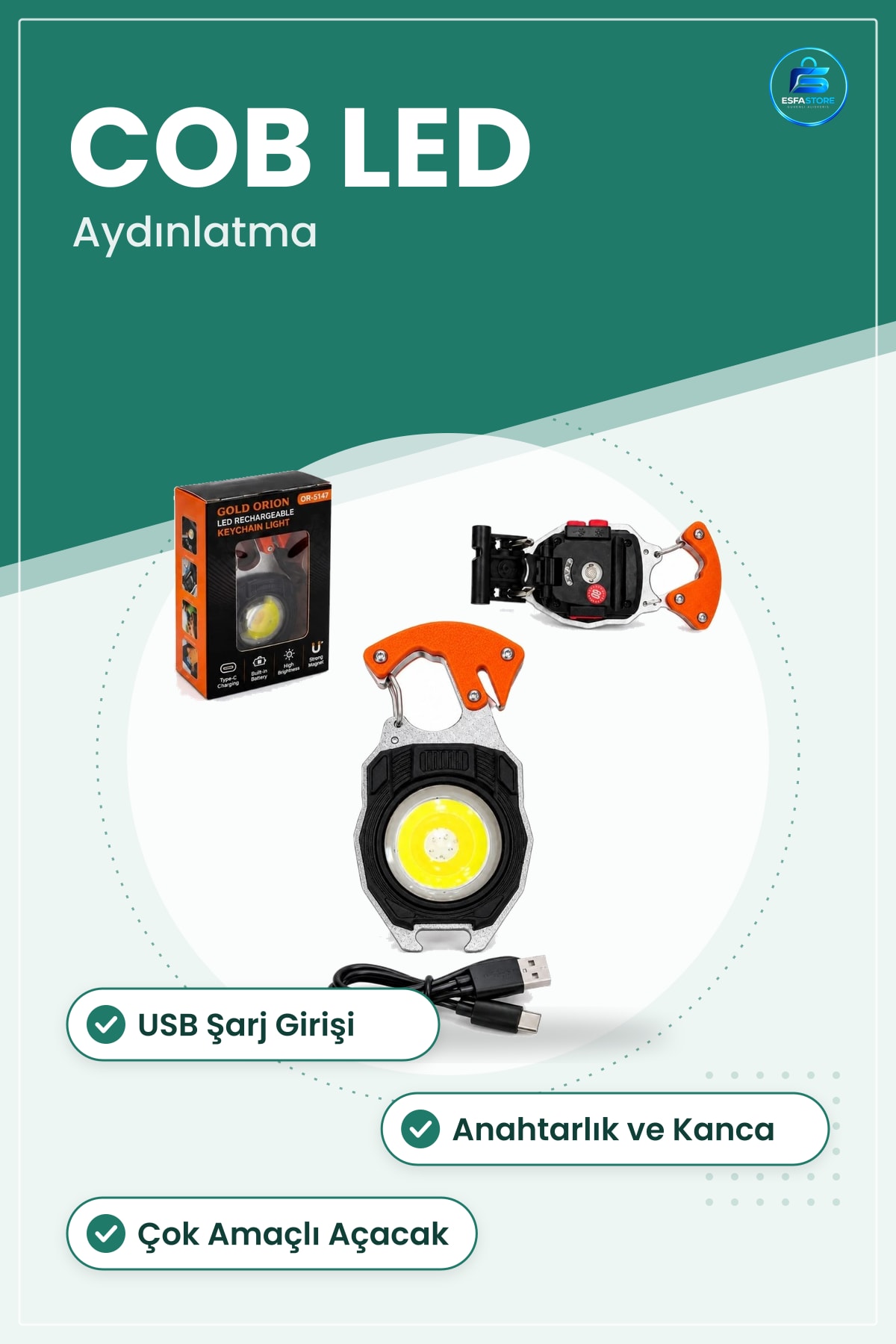 Şarjlı El Feneri Anahtarlık LED COB Çok Amaçlı Kamp Acil Durum Aydınlatma Baş Ayarı Açacaklı USB