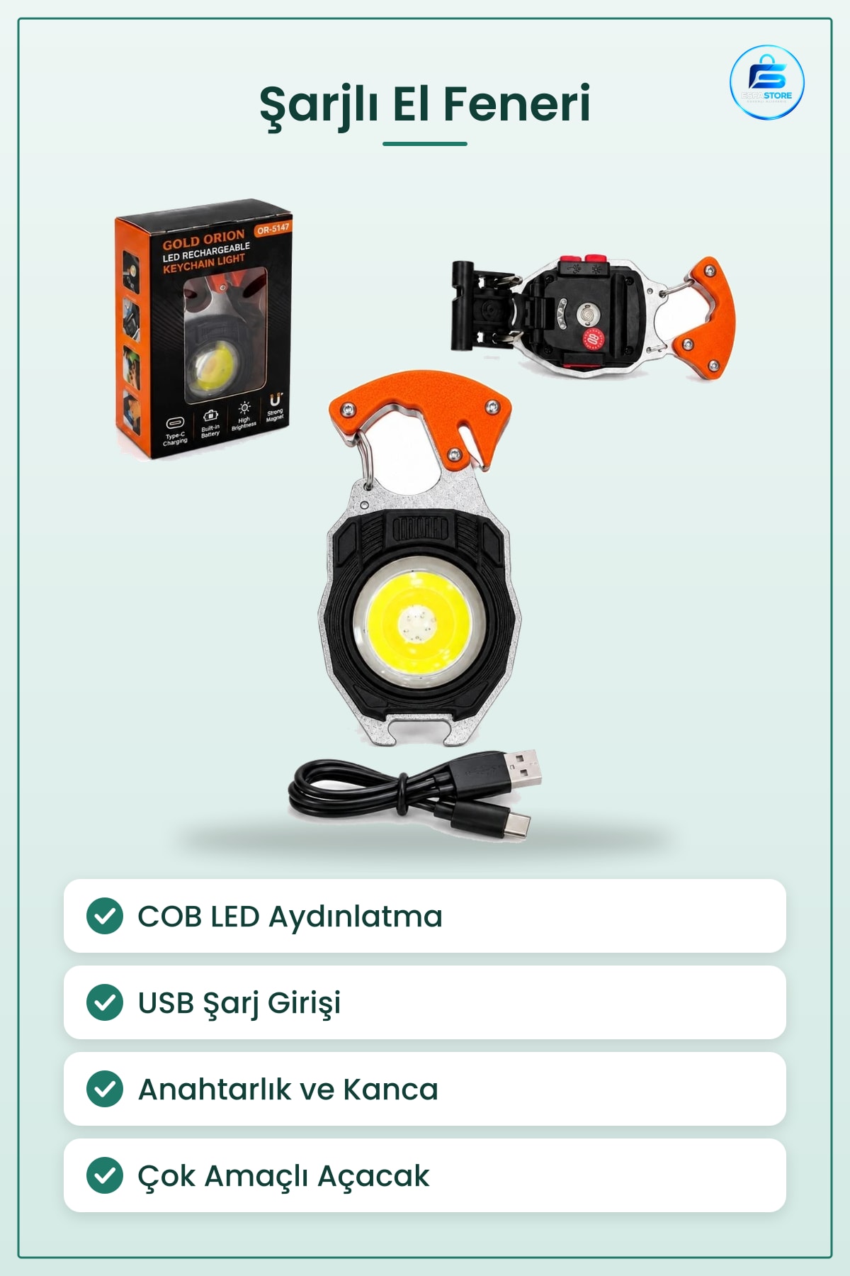 Şarjlı El Feneri Anahtarlık LED COB Çok Amaçlı Kamp Acil Durum Aydınlatma Baş Ayarı Açacaklı USB