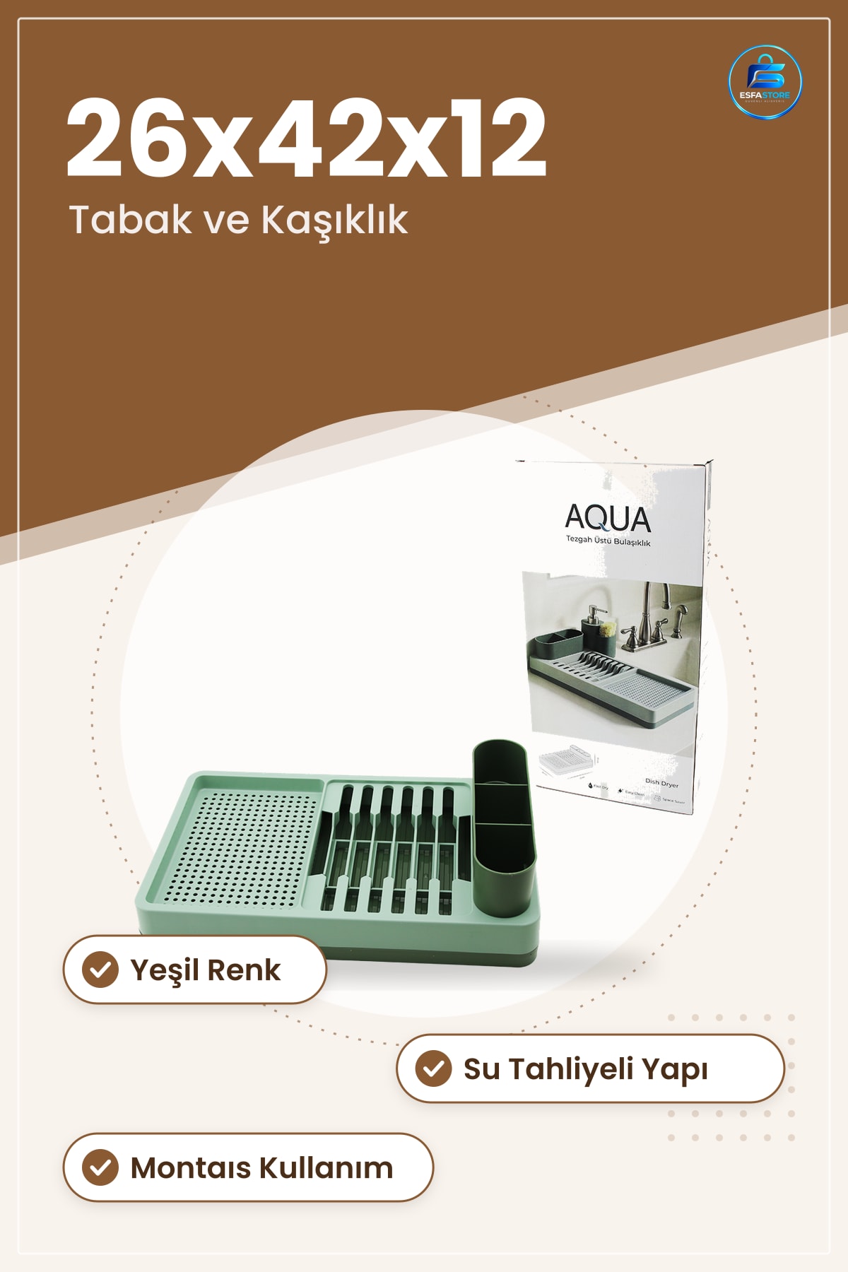 Bulaşıklık Tezgah Üstü 26x42x12 cm Yeşil Tabaklık ve Kaşıklık Düzenleyici Mutfak Plastik Kurutma