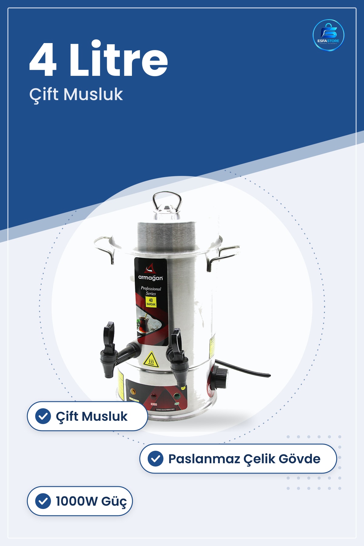 Su Isıtıcı Elektrikli Çay Otomatı 4L Çift Musluk 1000W Bardak Paslanmaz Çelik Ofis Mutfak