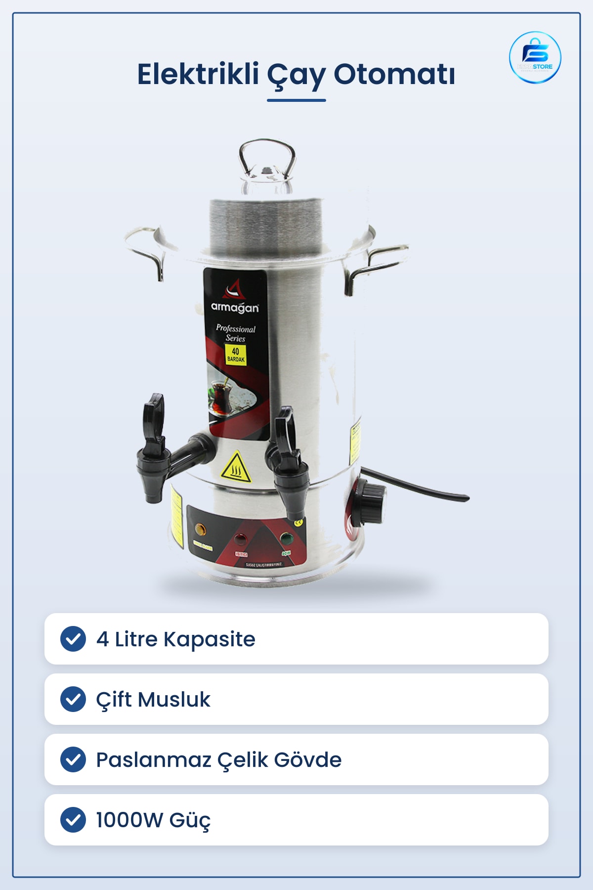 Su Isıtıcı Elektrikli Çay Otomatı 4L Çift Musluk 1000W Bardak Paslanmaz Çelik Ofis Mutfak