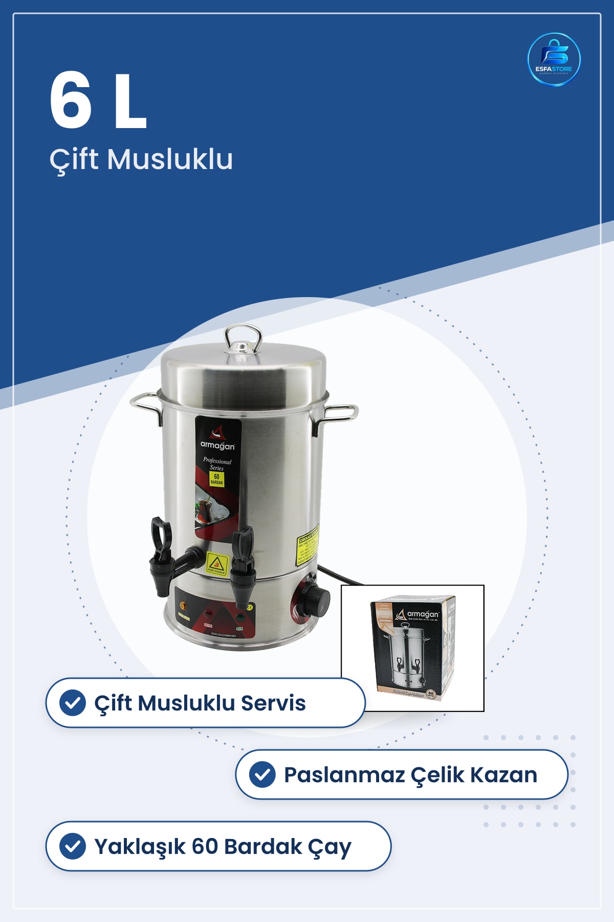 Elektrikli Semaver Çay Makinesi 6 L 1000W Çift Musluklu Bardak Paslanmaz Çelik Kazan Ofis