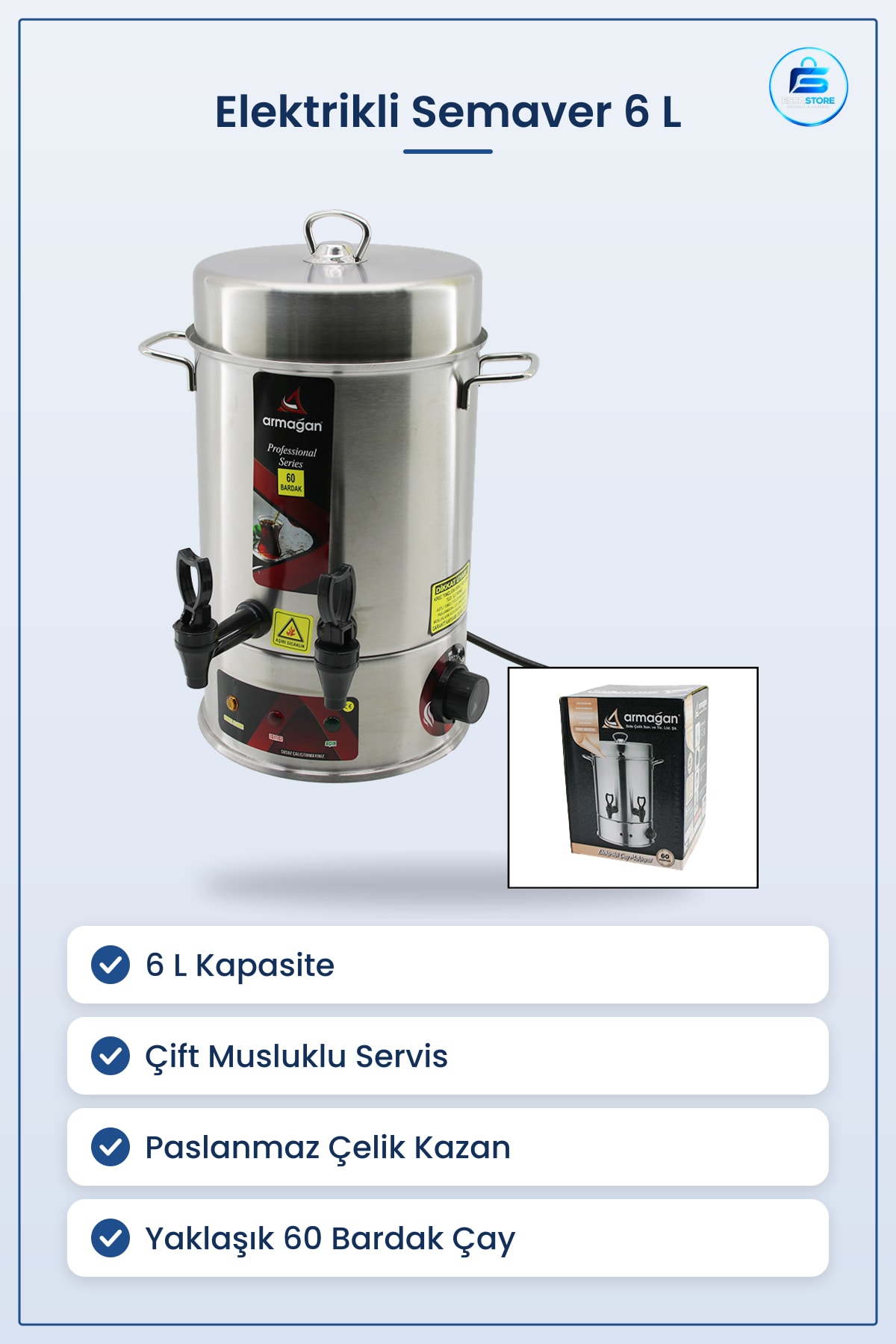 Elektrikli Semaver Çay Makinesi 6 L 1000W Çift Musluklu Bardak Paslanmaz Çelik Kazan Ofis