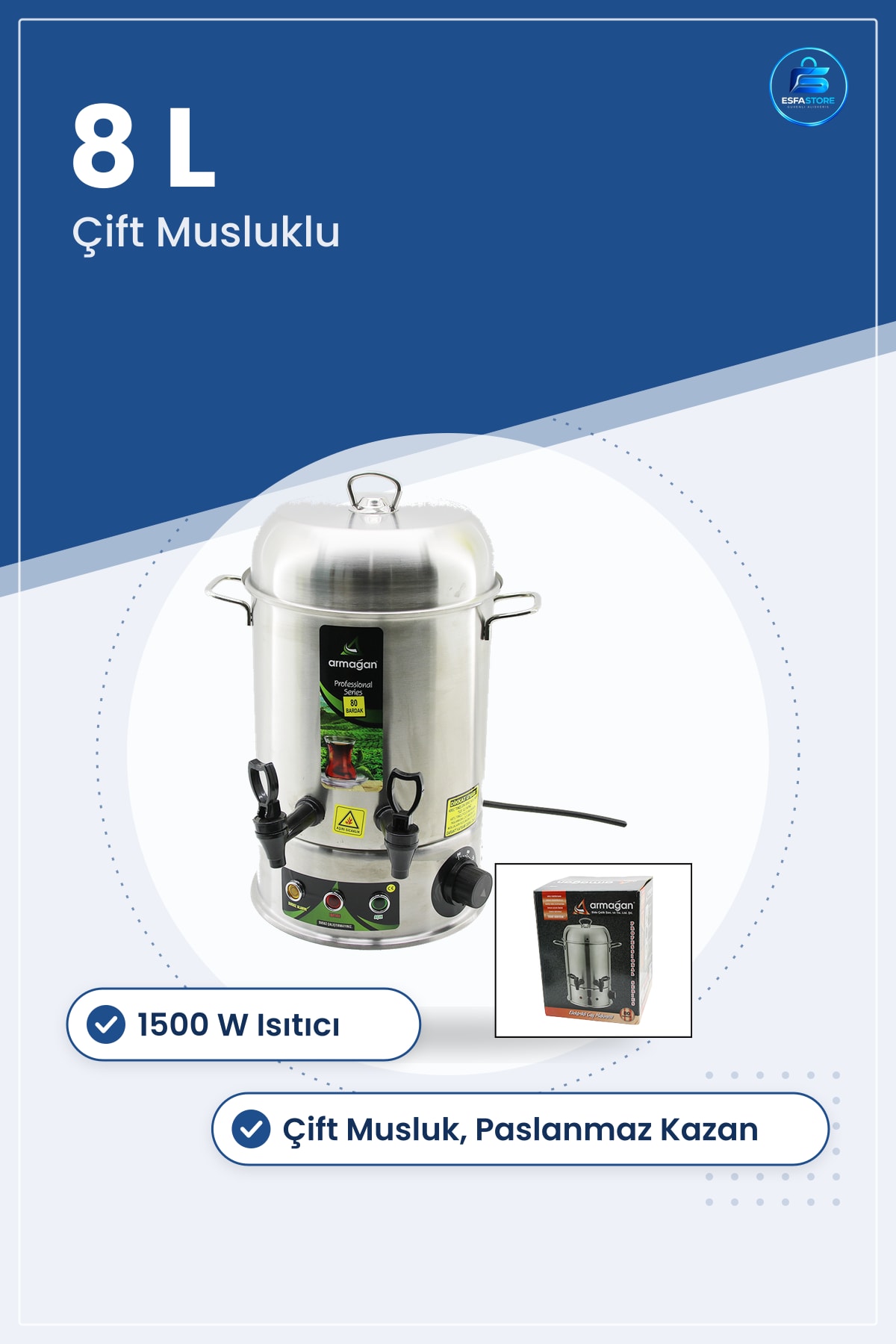 Çay Otomatı 8 L Bardak Elektrikli 1500 W Çift Musluklu Paslanmaz Çelik Kazan Ofis Kafe Kantin