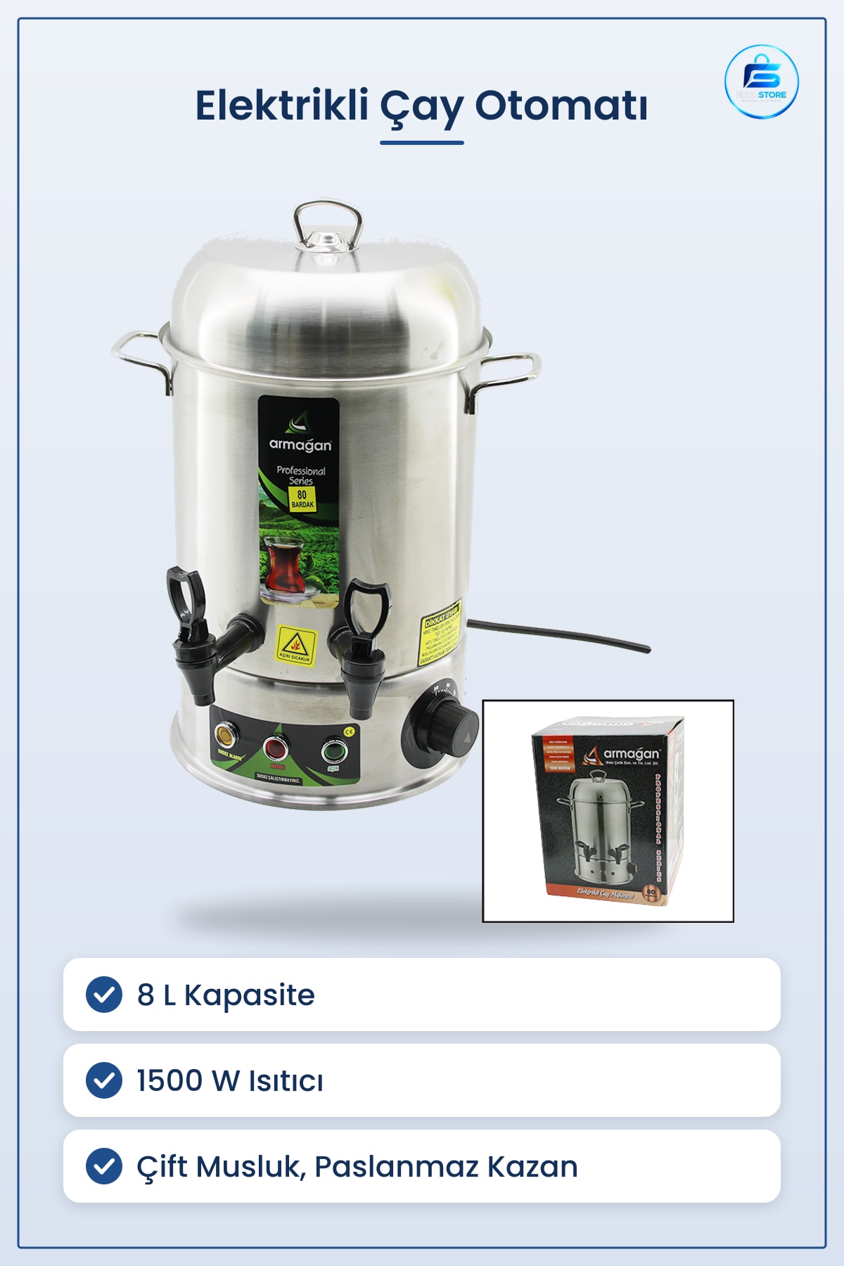 Çay Otomatı 8 L Bardak Elektrikli 1500 W Çift Musluklu Paslanmaz Çelik Kazan Ofis Kafe Kantin