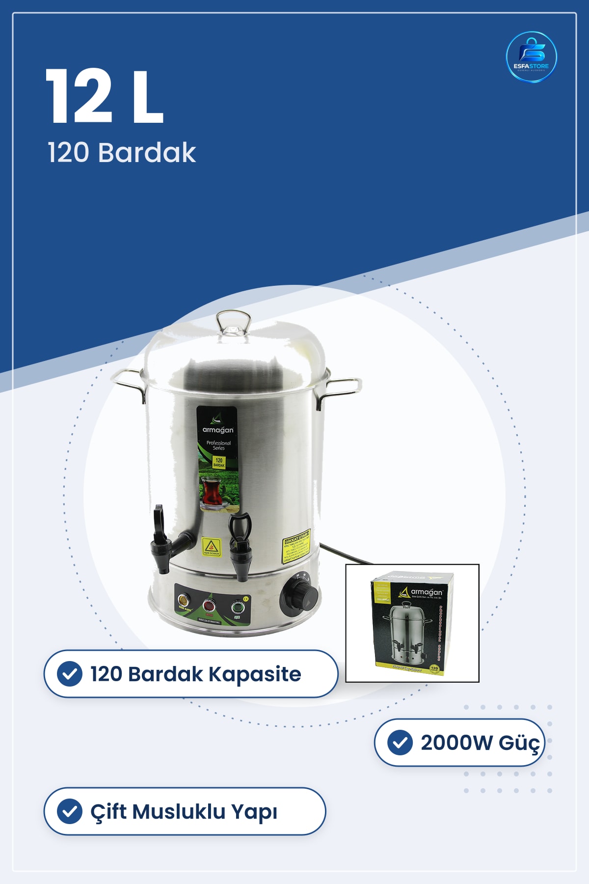 Elektrikli Çay Makinesi 12 L 2000W Çift Musluklu Paslanmaz Çelik Otomatik Sıcak Su Ofis Kafe