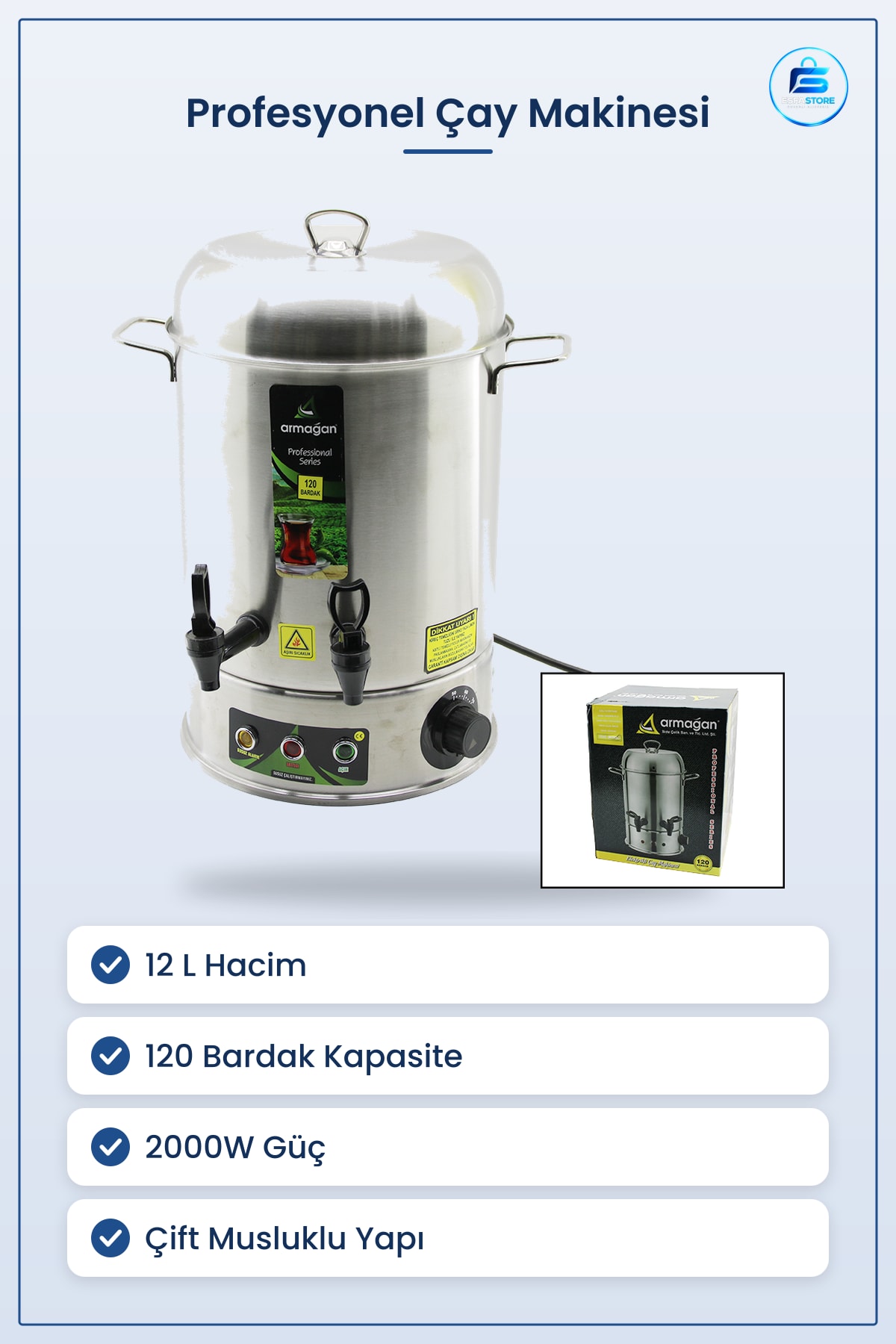 Elektrikli Çay Makinesi 12 L 2000W Çift Musluklu Paslanmaz Çelik Otomatik Sıcak Su Ofis Kafe