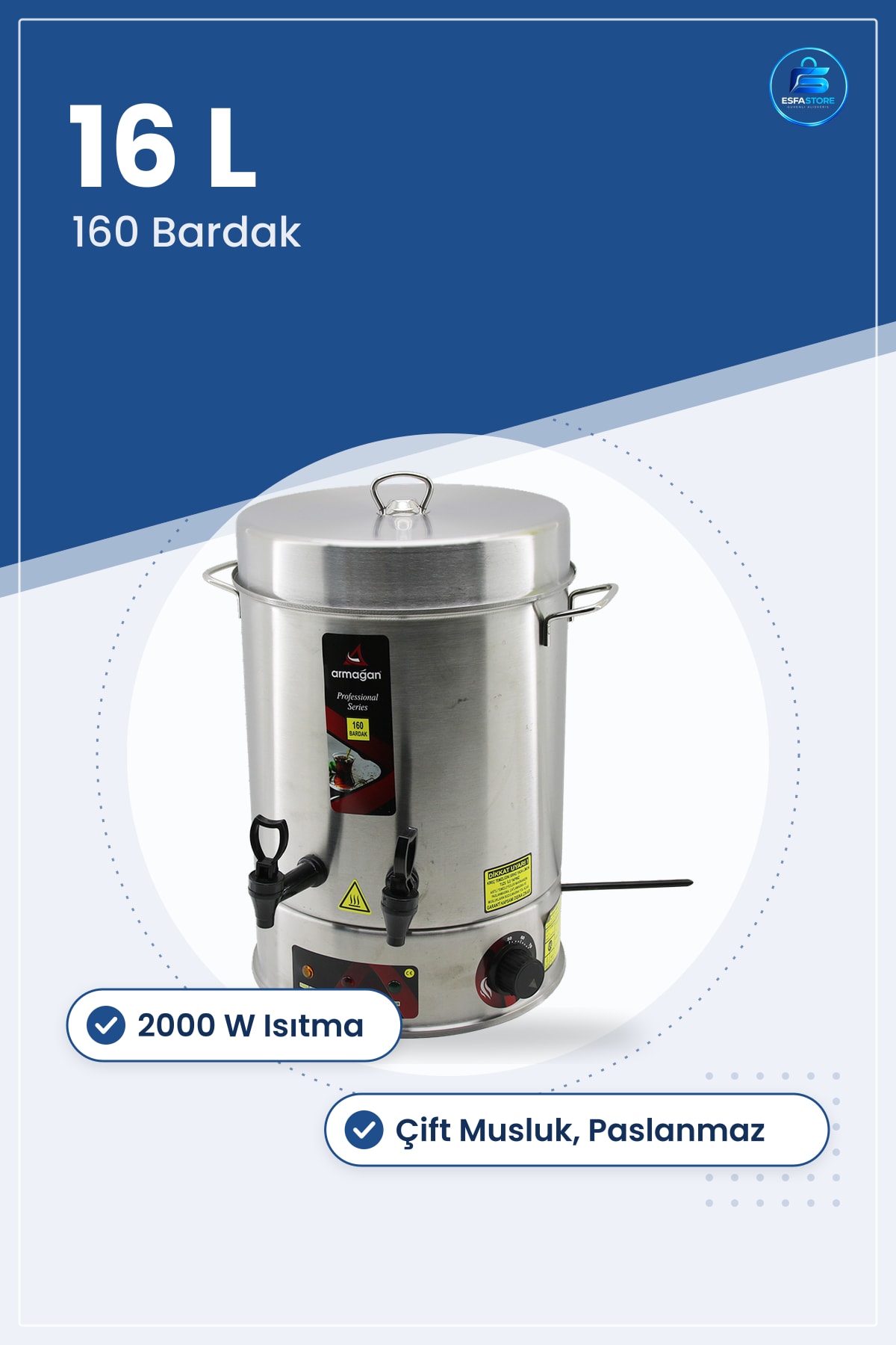 Elektrikli Çay Otomatı 16 L 2000W Bardak Çift Musluk Paslanmaz Çelik Ticari Servis Makinesi