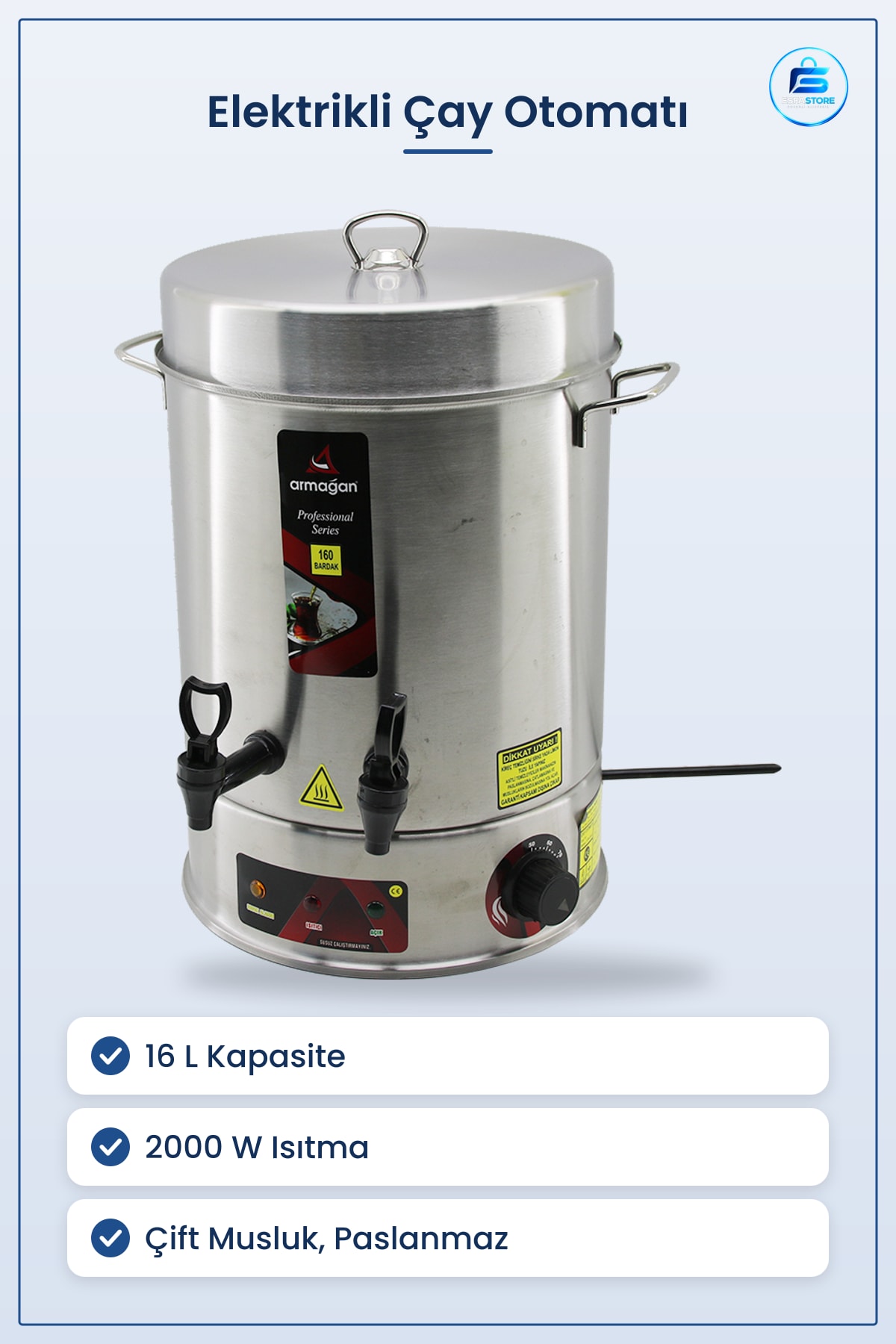 Elektrikli Çay Otomatı 16 L 2000W Bardak Çift Musluk Paslanmaz Çelik Ticari Servis Makinesi