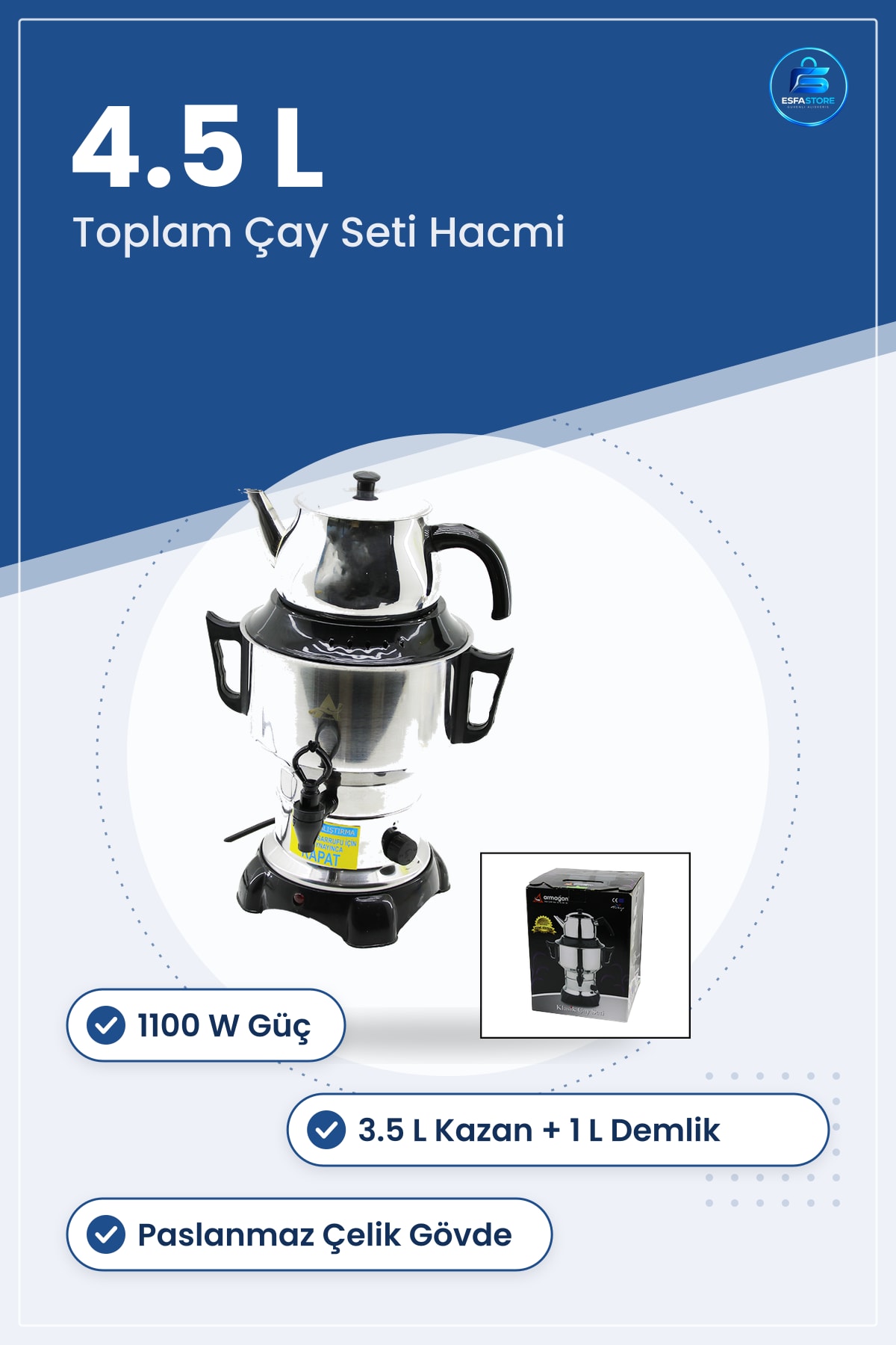 Elektrikli Semaver Çay Makinesi 4.5L 3.5L+1L 1100W Paslanmaz Çelik Gizli Rezistans Demlikli