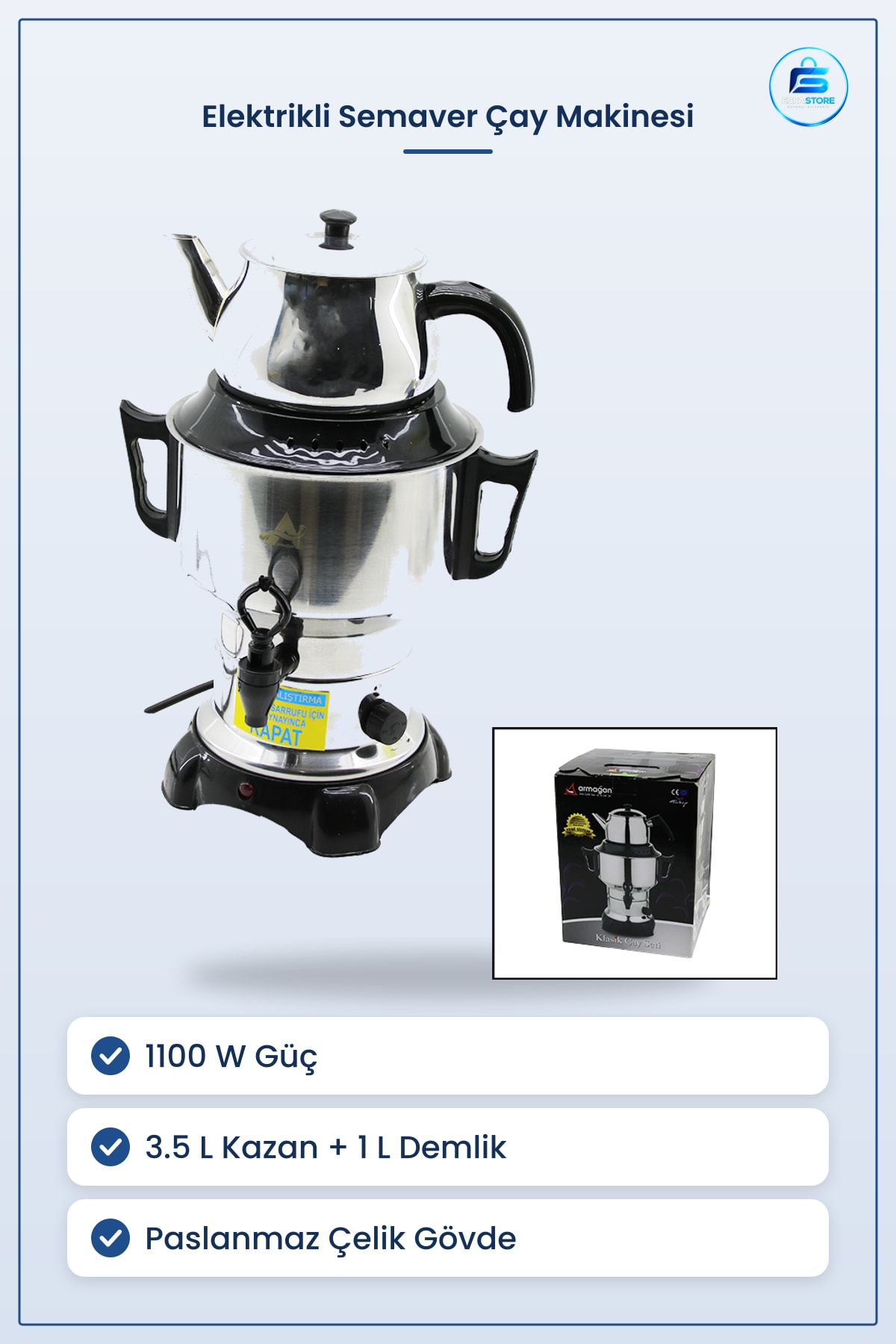 Elektrikli Semaver Çay Makinesi 4.5L 3.5L+1L 1100W Paslanmaz Çelik Gizli Rezistans Demlikli