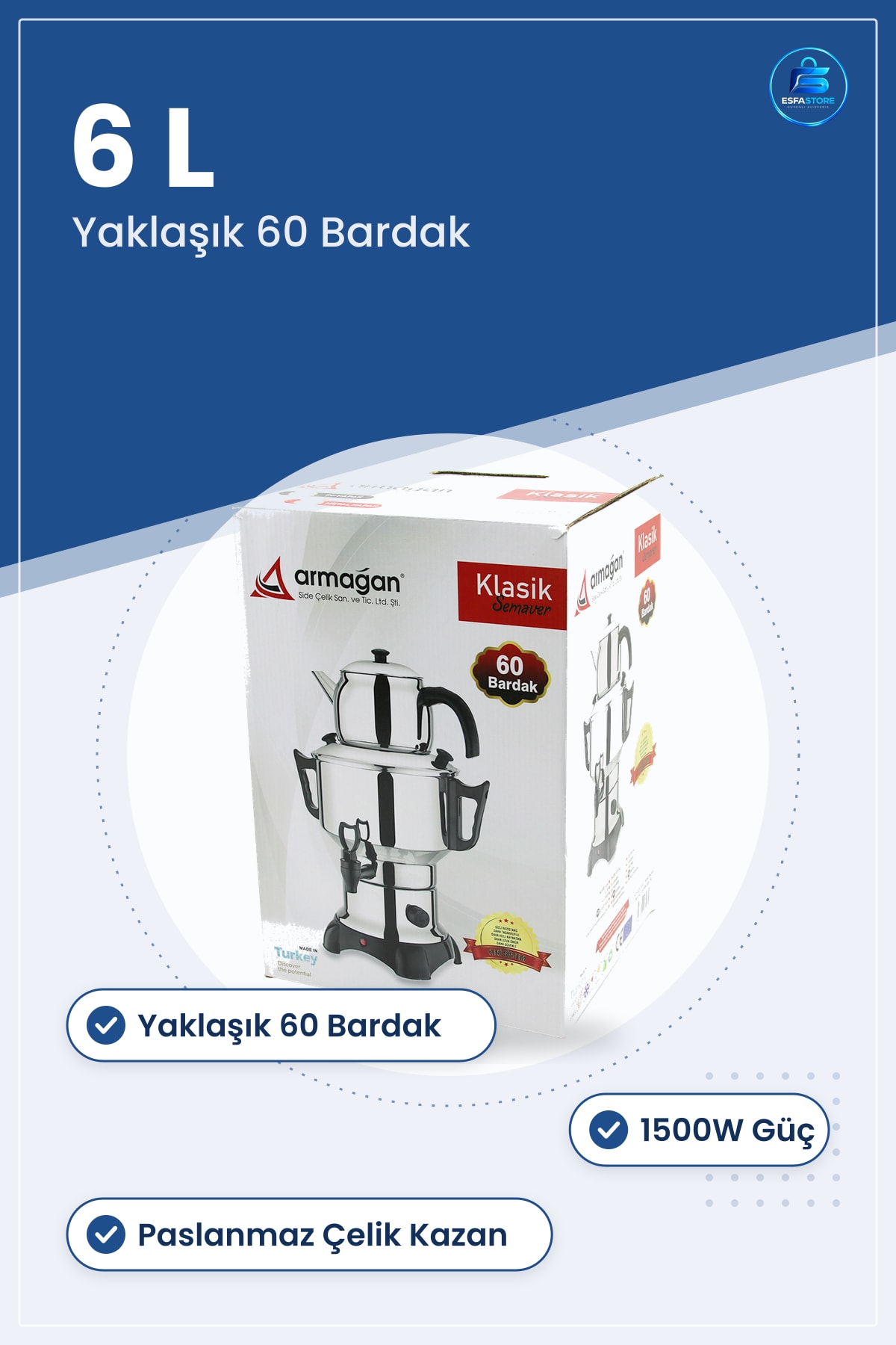 Elektrikli Semaver Çay Makinesi 6 L 1500W Tek Musluklu Bardak Seti Paslanmaz Çelik Ofis
