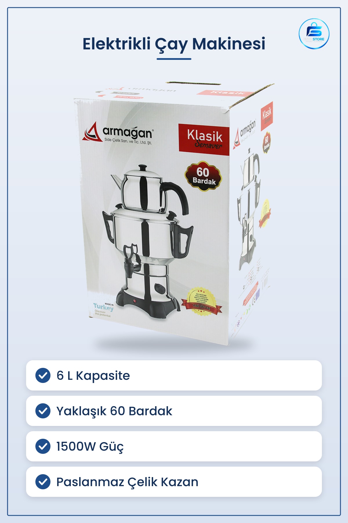 Elektrikli Semaver Çay Makinesi 6 L 1500W Tek Musluklu Bardak Seti Paslanmaz Çelik Ofis