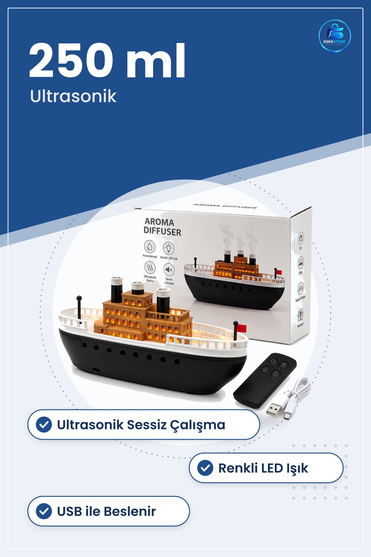 Hava Nemlendirici Aroma Diffuser 250ml Gemili Işıklı Ultrasonik Sessiz Ev Ofis Yatak Odası