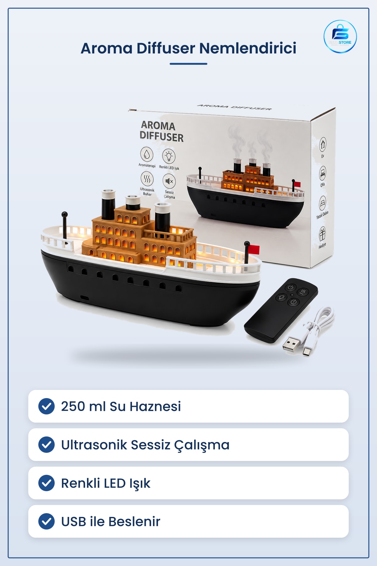 Hava Nemlendirici Aroma Diffuser 250ml Gemili Işıklı Ultrasonik Sessiz Ev Ofis Yatak Odası