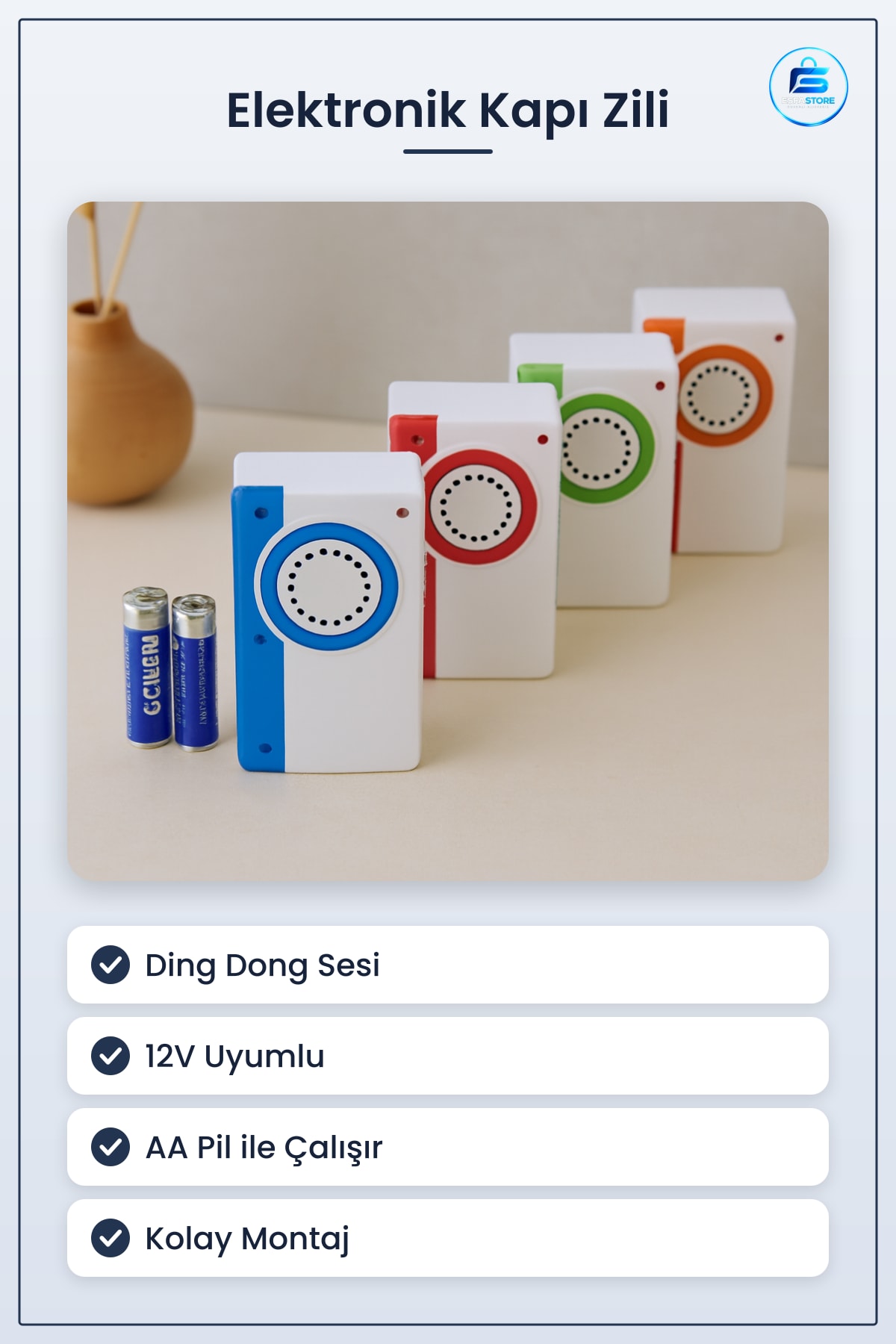 Elektronik Kapı Zili Ding Dong 12V AA Pil Uyumlu Ev Ofis Dükçan Çağrı Sistemi Kolay Montaj