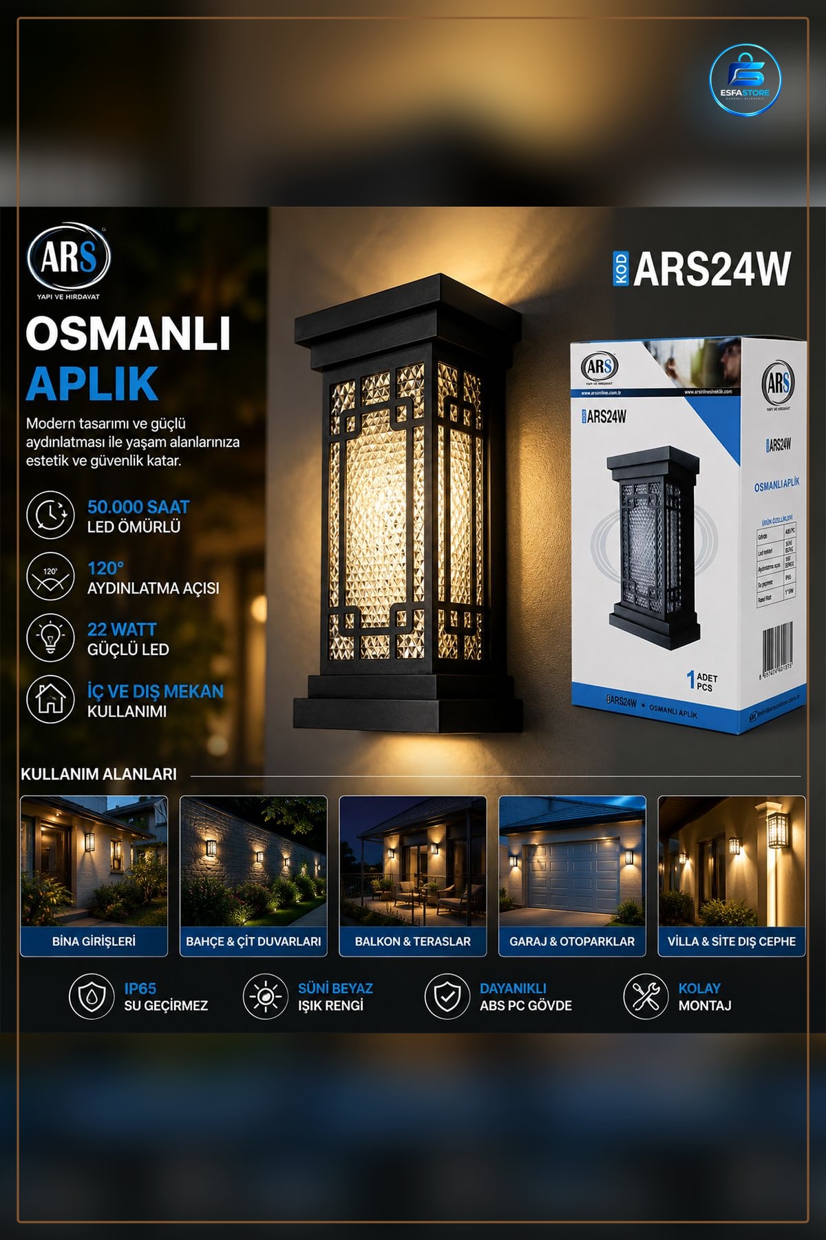 Aplik Duvar Lambaı LED 22W IP66. Saat Dış Mekan Cam Difüzörlü Bahçe Aydınlatma Kullanışlı