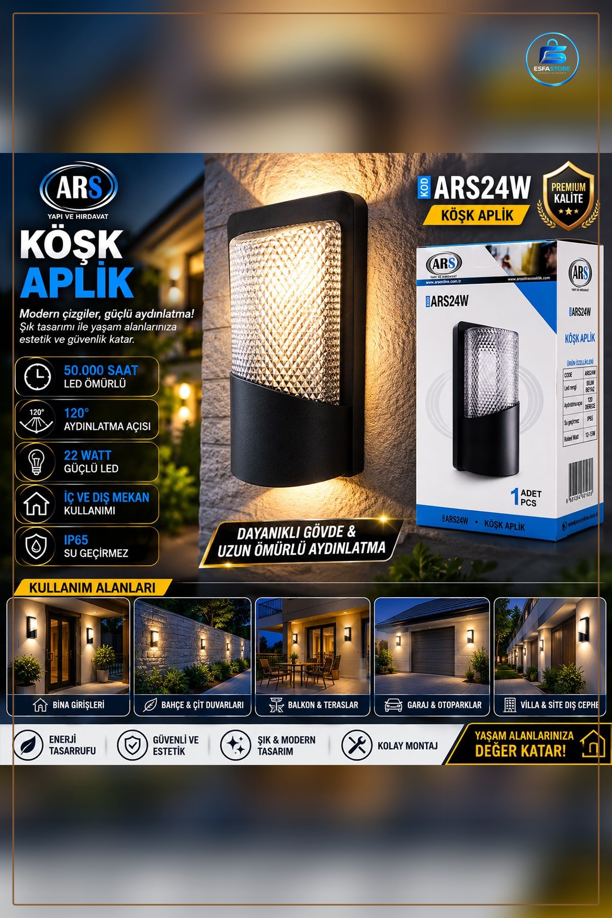LED Duvar Aplik 22W IP66 Su Geçirmez Dış Mekan Bahçe Cephe Aydınlatma. Saat Ömür