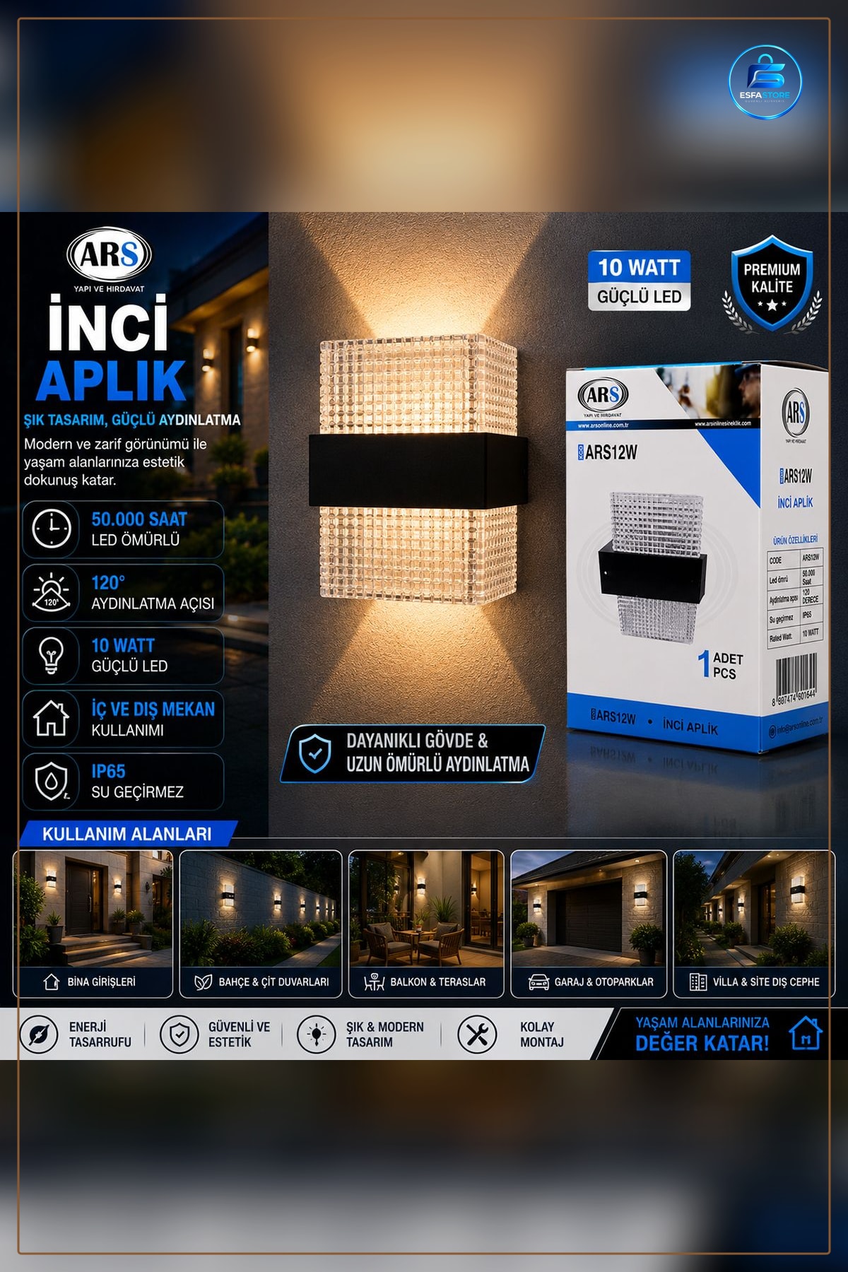 LED Dış Mekan Duvar Aplik 10W IP66. Saat Almünyum Polikarbonat Difuzorlu Bahçe Aydınlatma