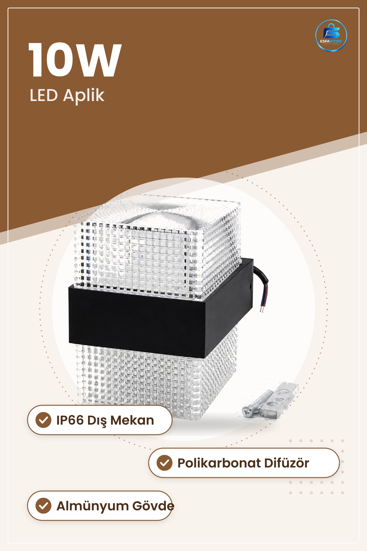 LED Dış Mekan Duvar Aplik 10W IP66. Saat Almünyum Polikarbonat Difuzorlu Bahçe Aydınlatma