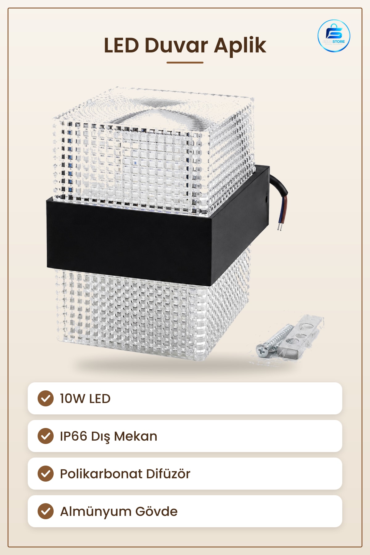 LED Dış Mekan Duvar Aplik 10W IP66. Saat Almünyum Polikarbonat Difuzorlu Bahçe Aydınlatma