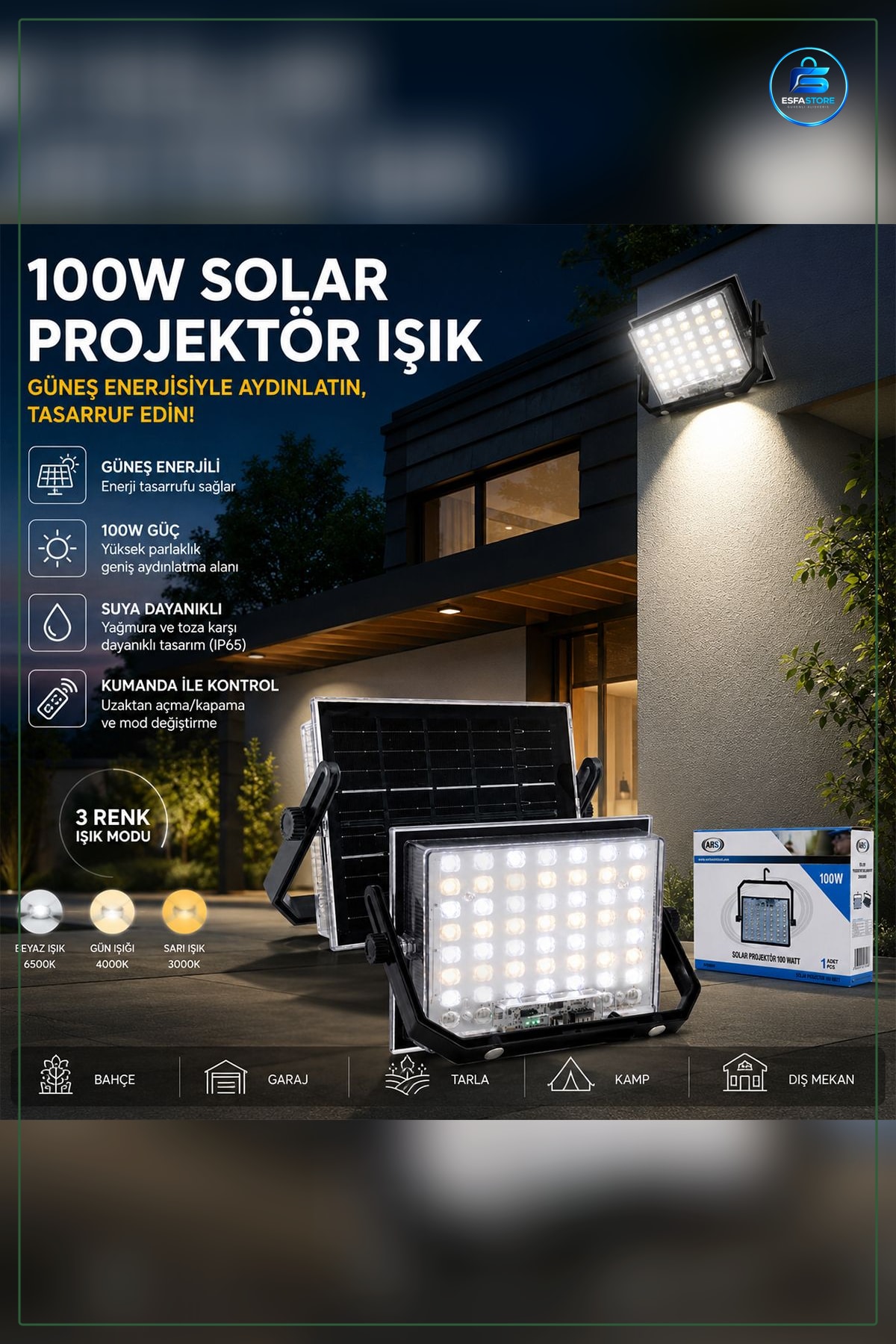 Solar Projektör 100W Güneş Enerjili LED Işık Kamp Bahçe Dış Mekan Aydınlatma Taşınabilir