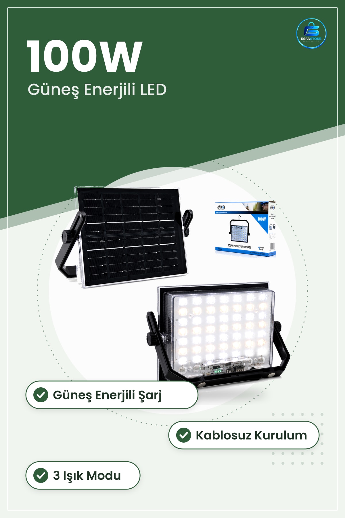 Solar Projektör 100W Güneş Enerjili LED Işık Kamp Bahçe Dış Mekan Aydınlatma Taşınabilir